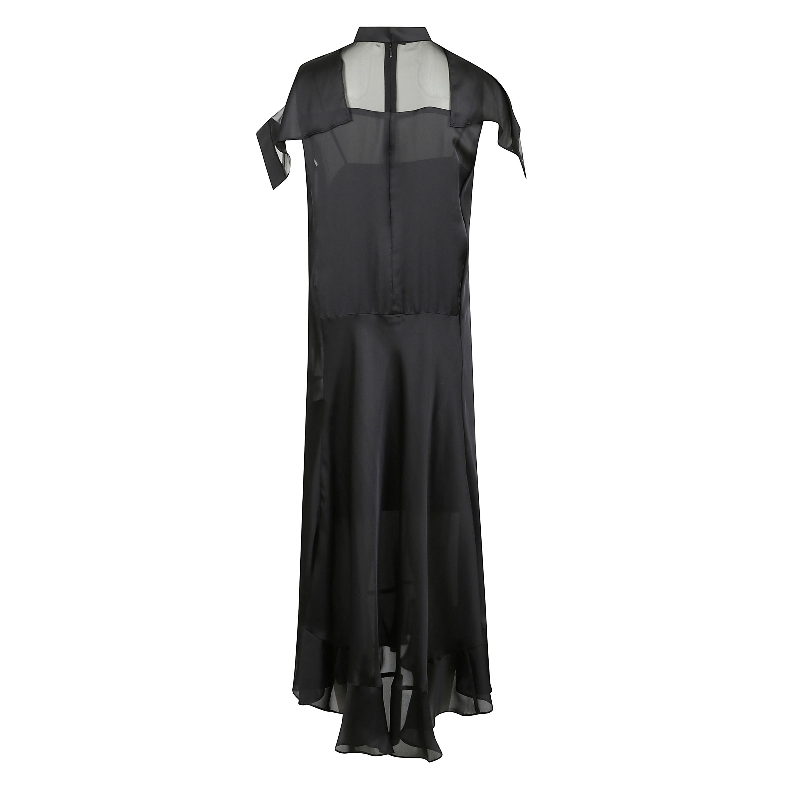 Abito nero midi, realizzato con un mix di pannelli in satin e chiffon. presenta una silhouette senza maniche con un collo alto e dettagli arricciati lungo il davanti e l'orlo. una chiusura con zip nascosta sul retro e un sottogonna interno completano la c