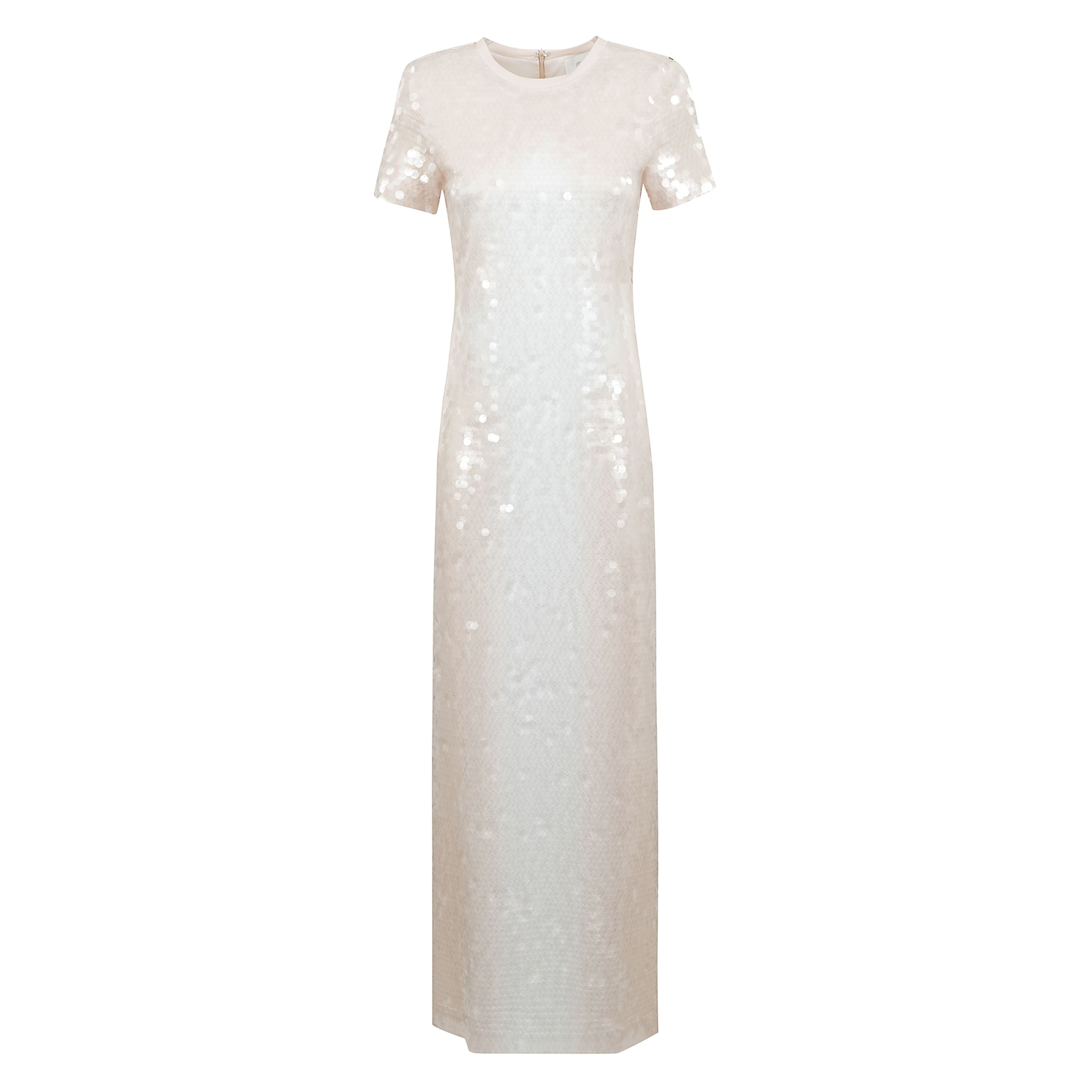 Abito lungo girocollo realizzato in jersey tecnico stampato e sfumato. il fit è aderente e femminile, con spacco centrale posteriore. tutto il capo è decorato da paillette trasparenti ricamate, per un effetto luminoso. modello foderato. vestibilità reg