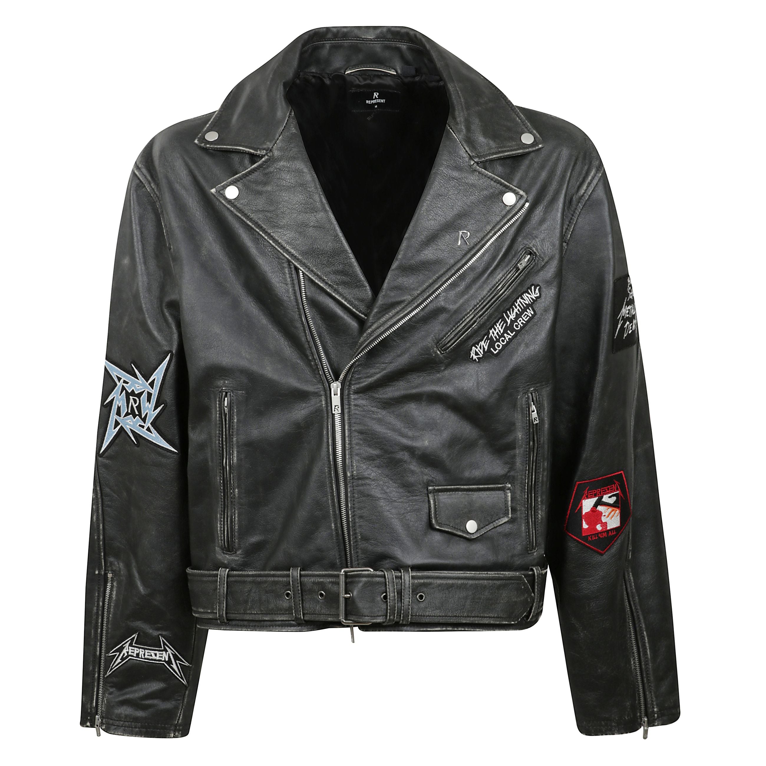 Giubbino in pelle metallica con abbottonatura con zip, patch e stampa posteriore