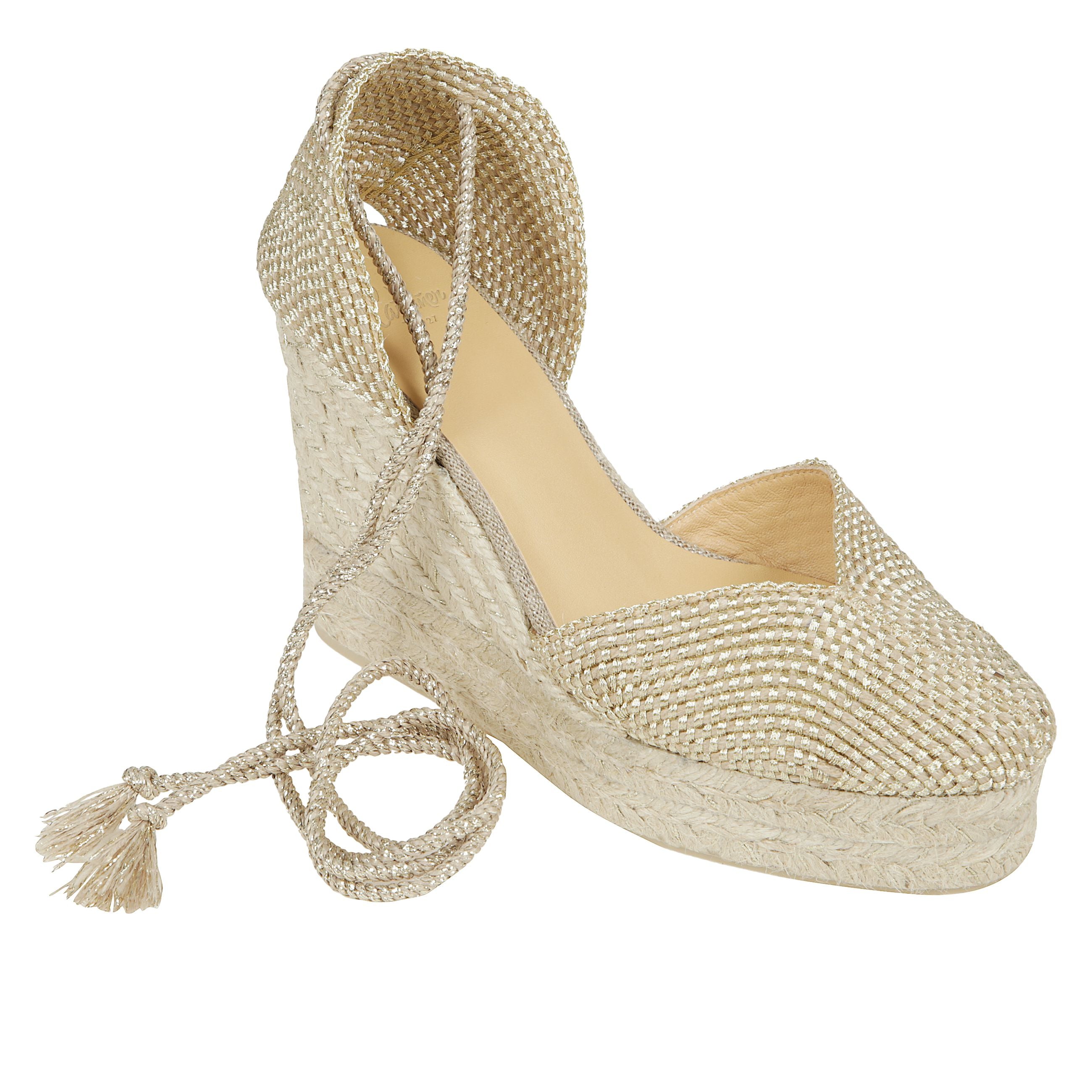Espadrilla cora realizzato in juta e rayon con scollo a v, soletta imbottita zeppa in juta da 11 cm con doppio plateau