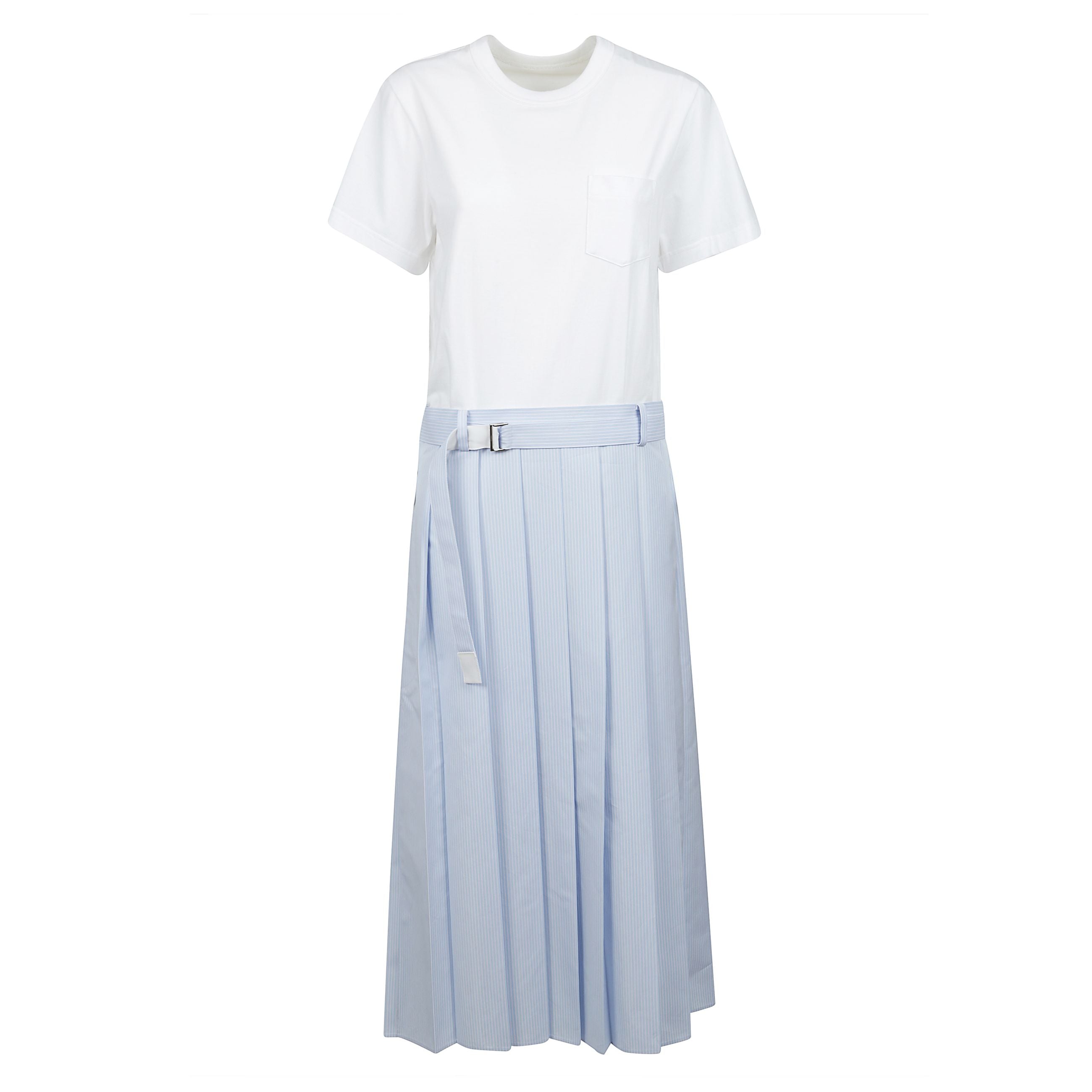 Abito bianco midi plissé a maniche corte con zip nascosta e tasca applicata sul petto