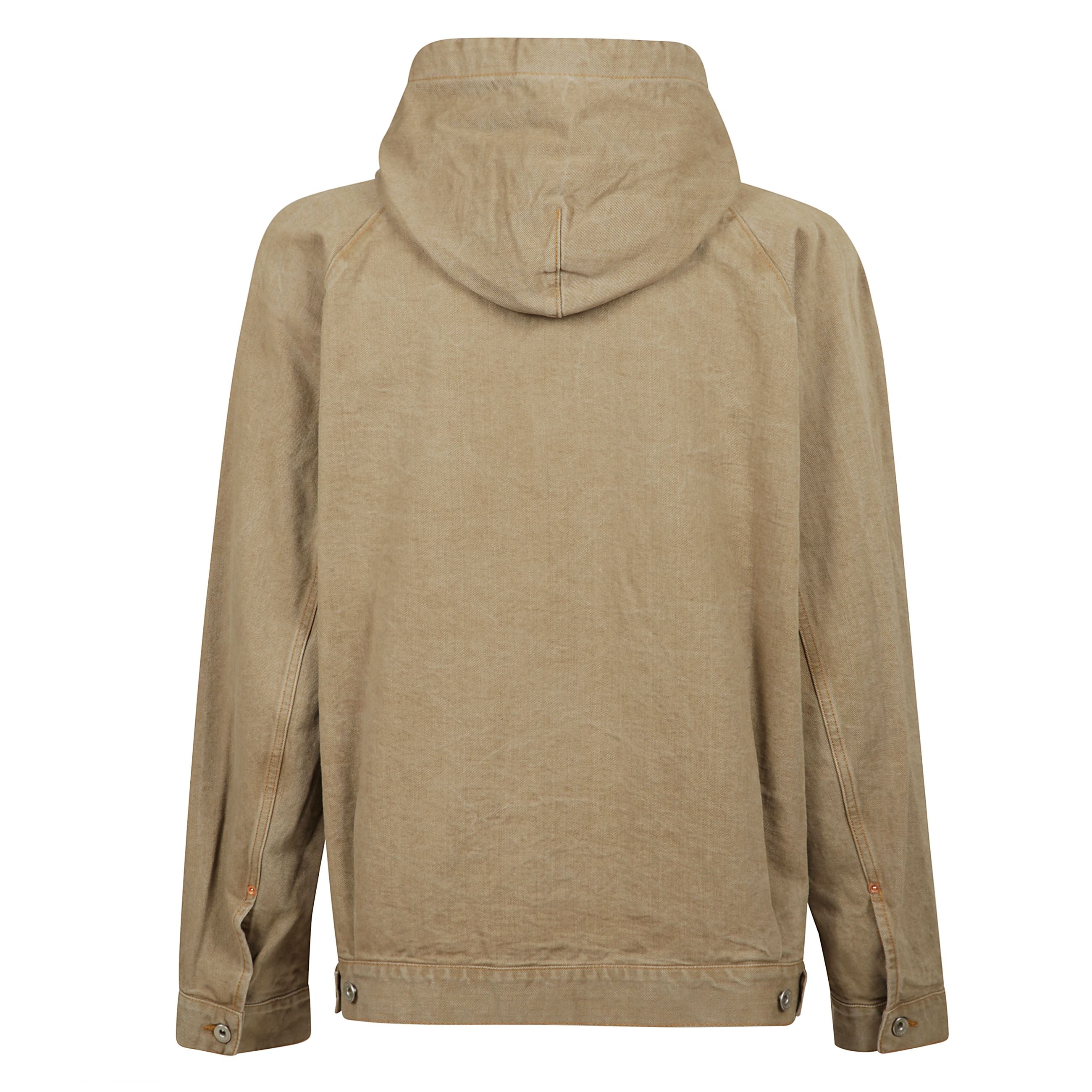 Giacca denim beige con chiusura frontale con zip e cappuccio con coulisse a maniche lunghe