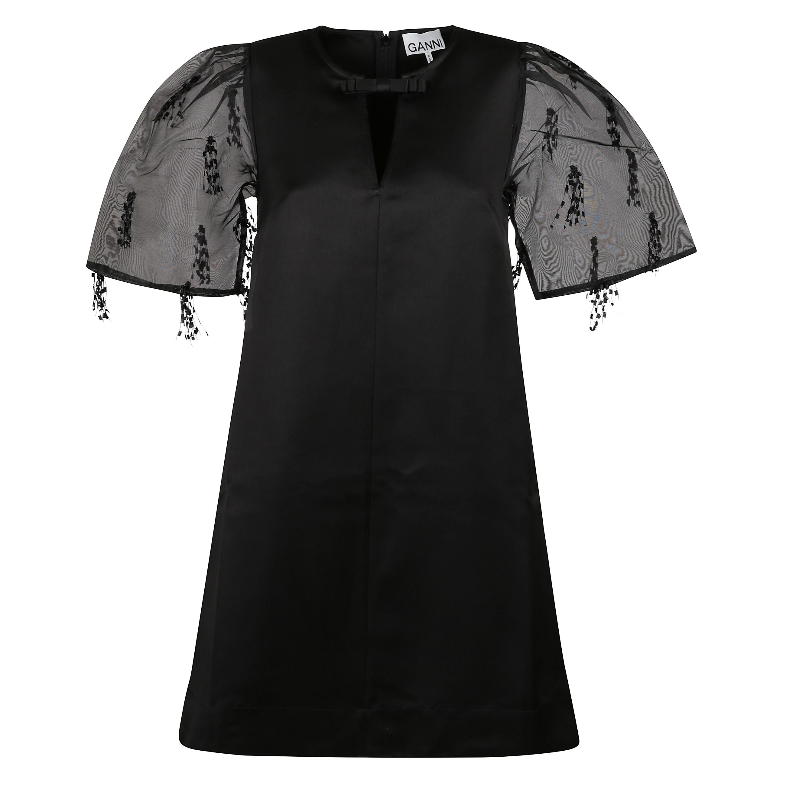 Mini abito corto nero con frange in raso e
maniche in organza