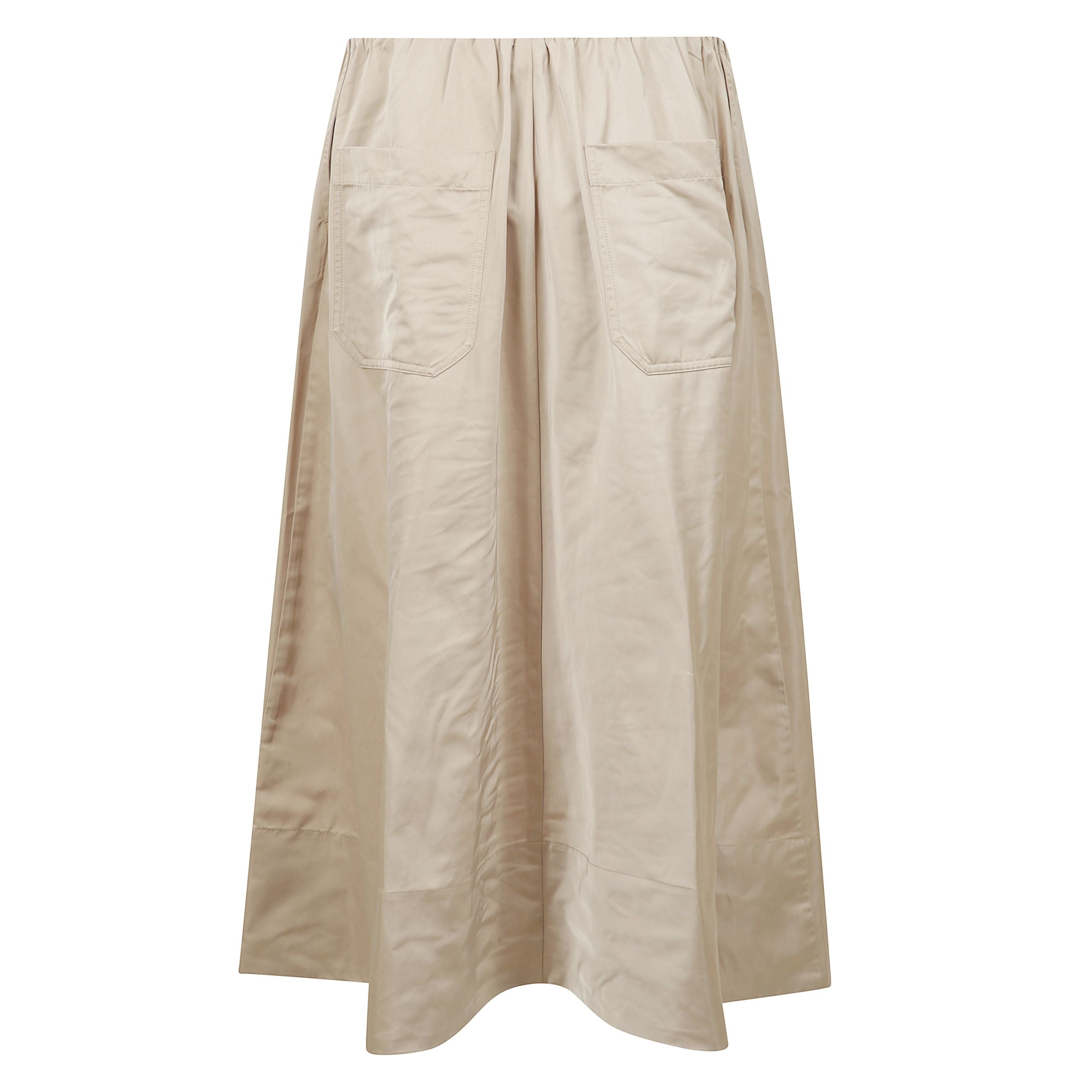 Miss skirt, una gonna midi a vita media con cintura elastica e molto volume.