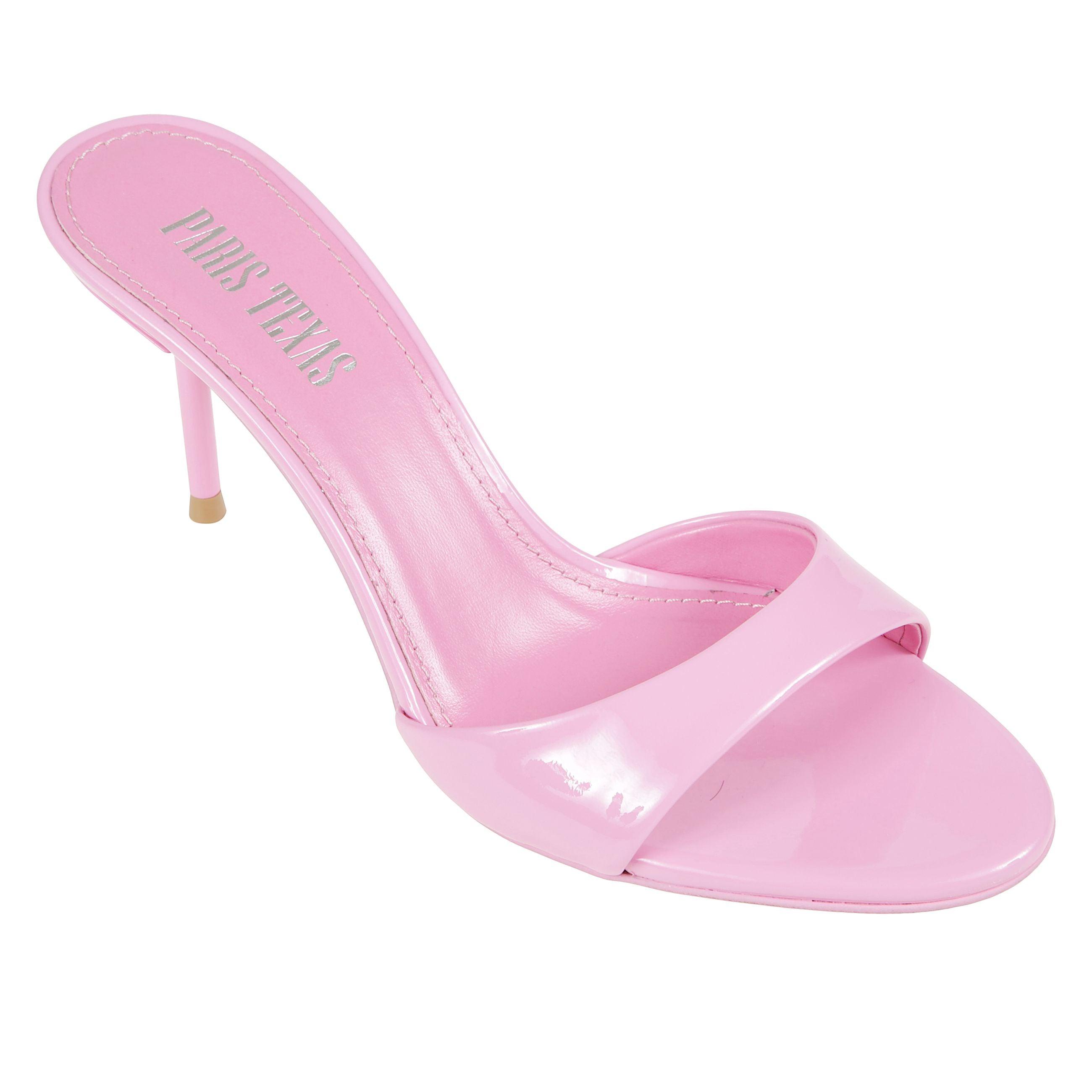 Lidia mule 70 in pelle lucida con tacco a spillo e suola in cuoio.