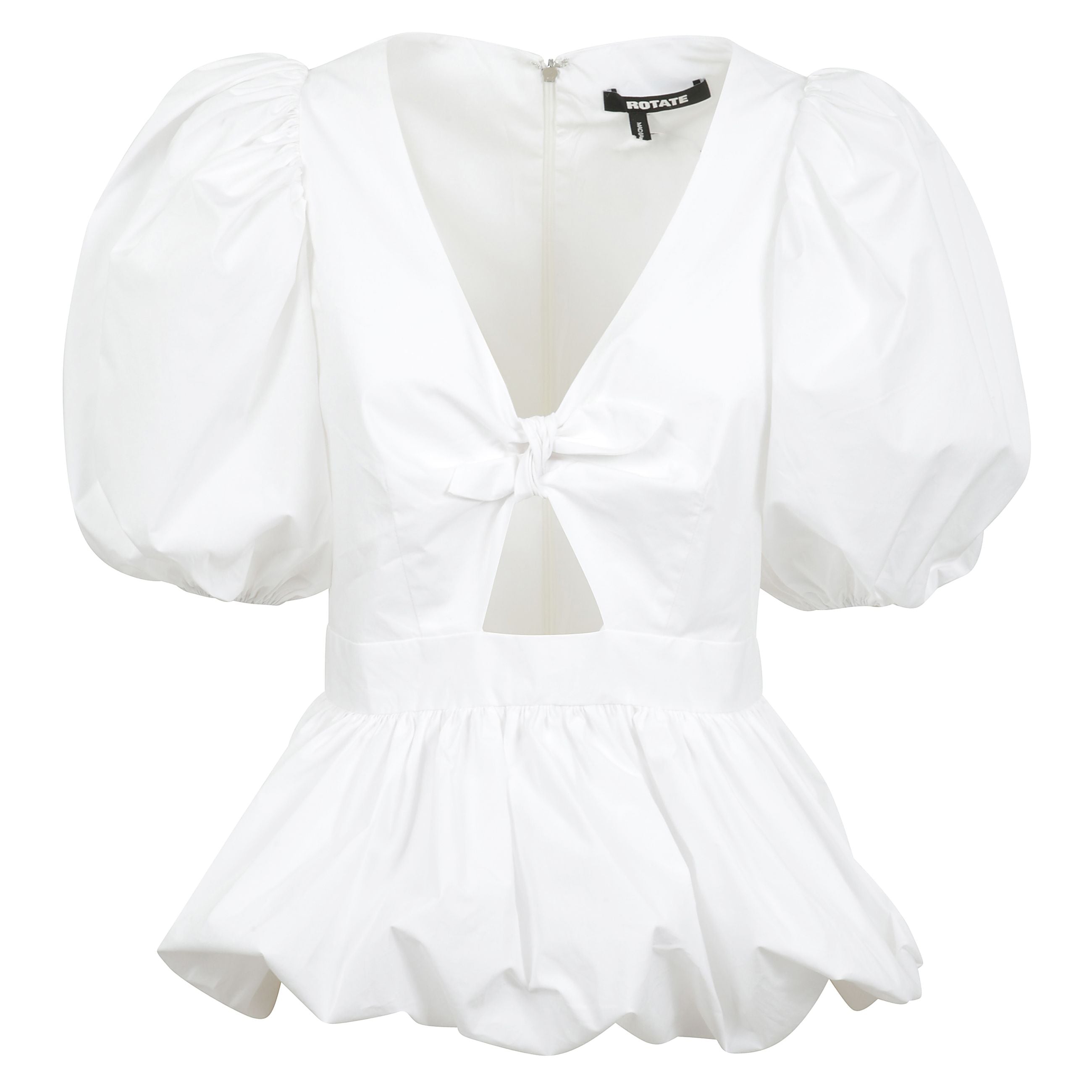 Top con maniche corte a sbuffo, scollatura a v, con chiusura con zip sul retro e dettaglio fiocco sul petto