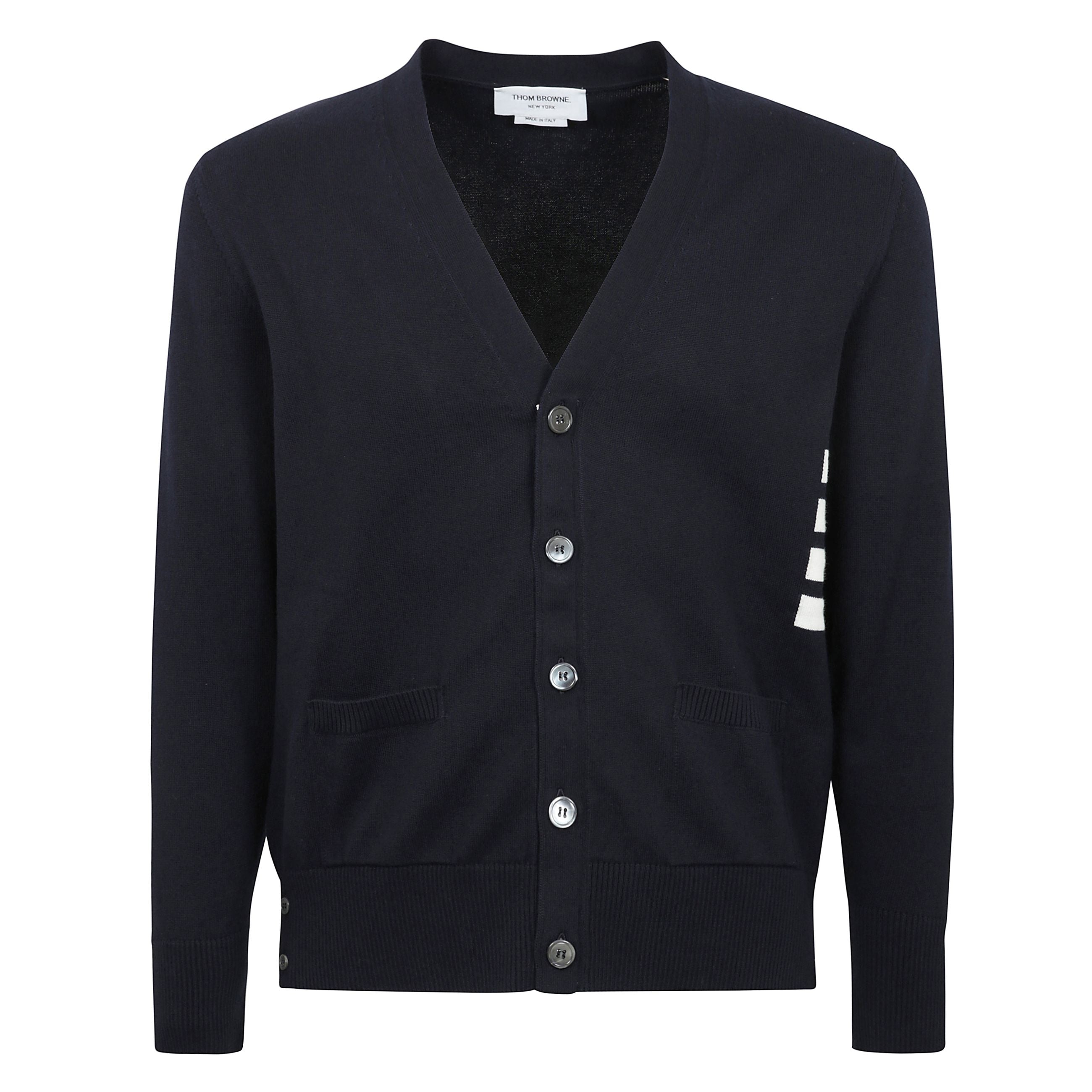 Cardigan con scollo a v, dettagli laterali caratteristici in gros-grain, rifinitura a coste