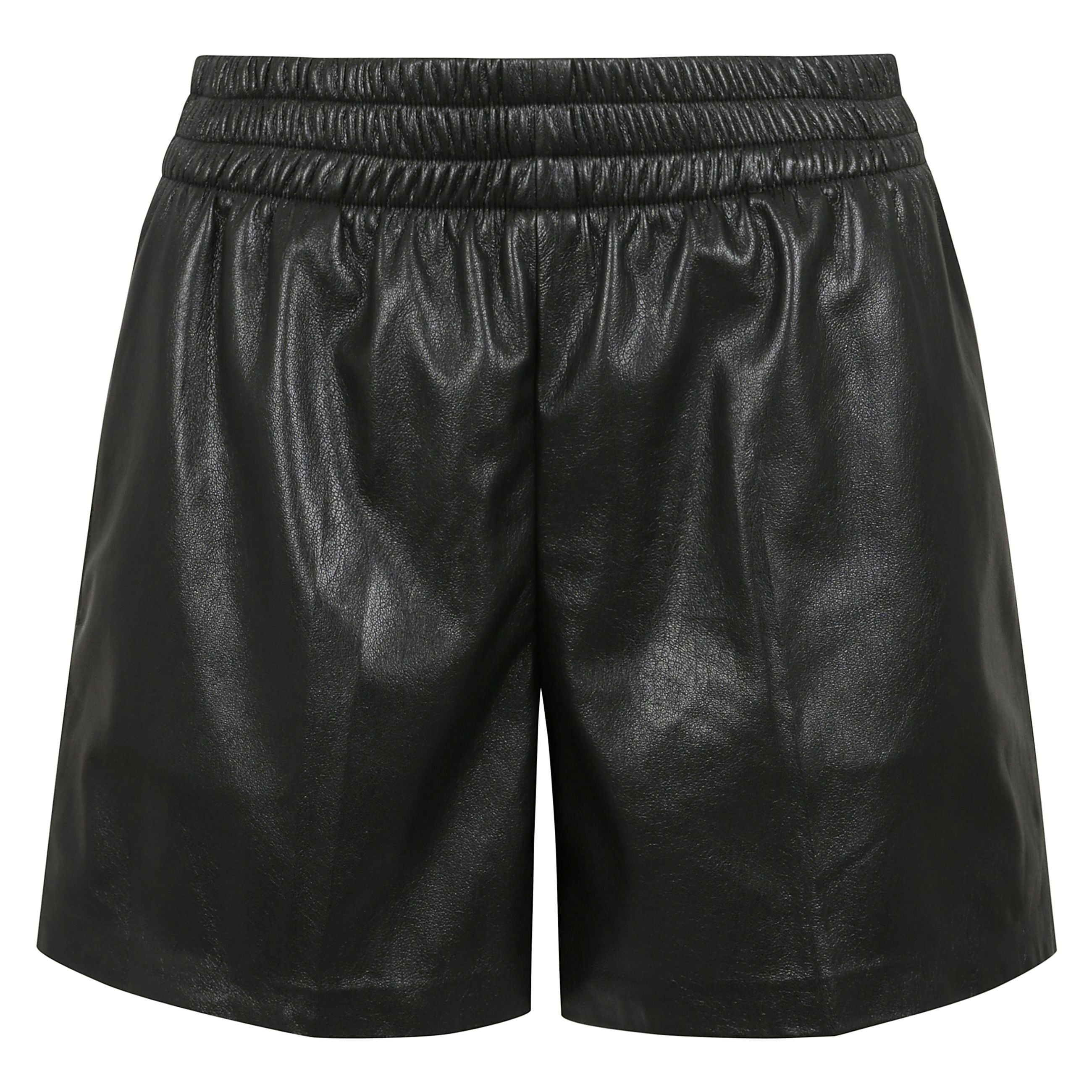 Short modello kam realizzato in pelle vegana, presenta una coulisse nascosta in vita, tasche anteriori oblique e due tasche posteriori a filetto.