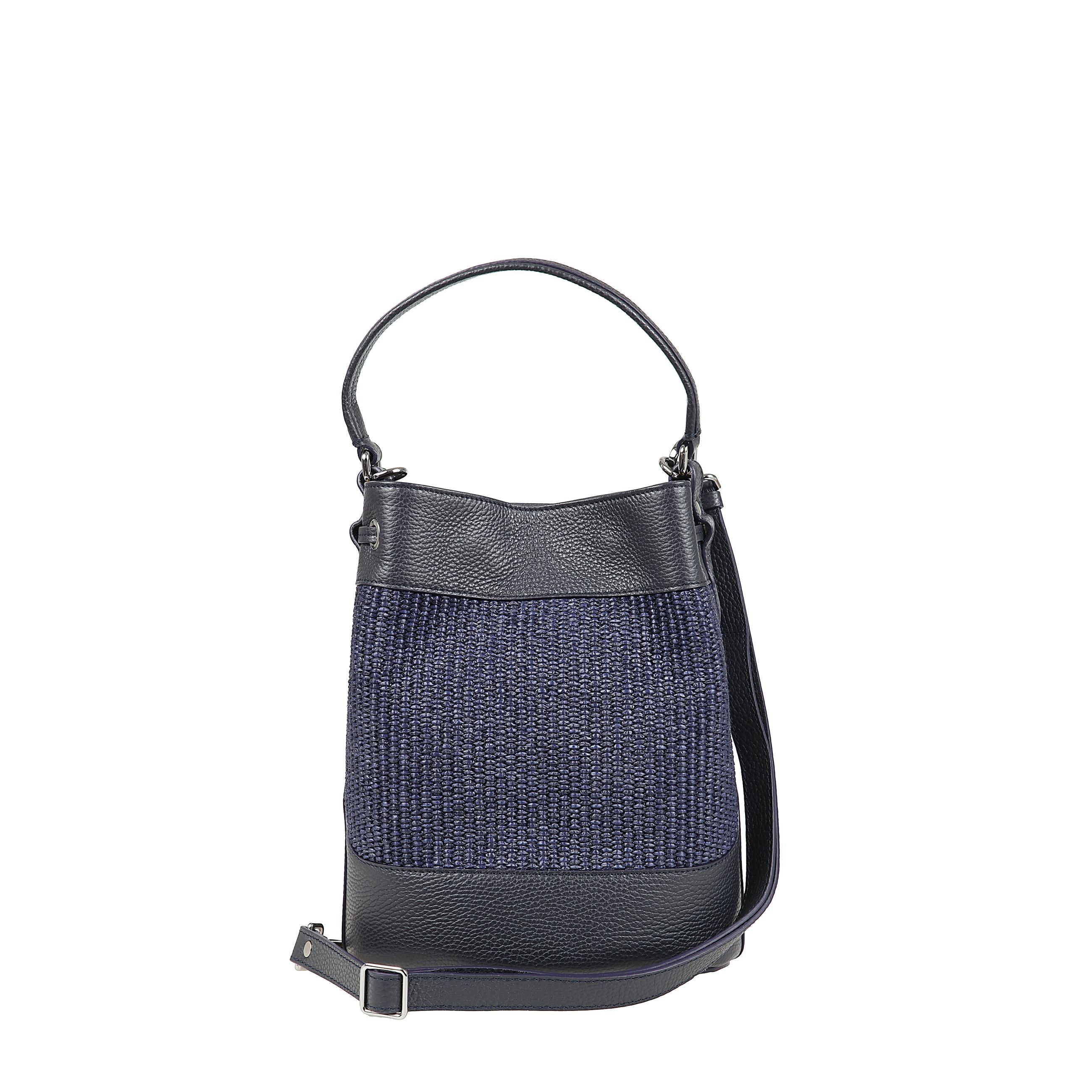 Borsa a secchiello con manico superiore e tracolla, chiusura a coulisse e dettaglio girello