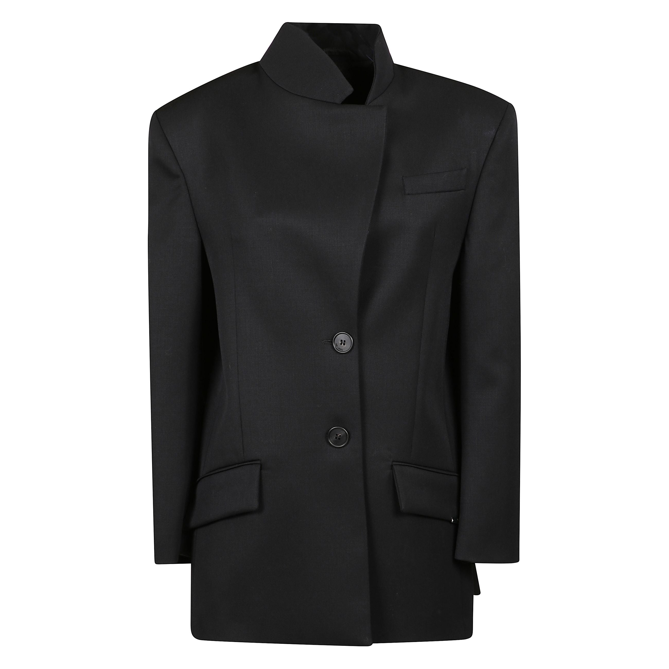 Blazer nero con chiusura frontale e tasca a filetto sul petto