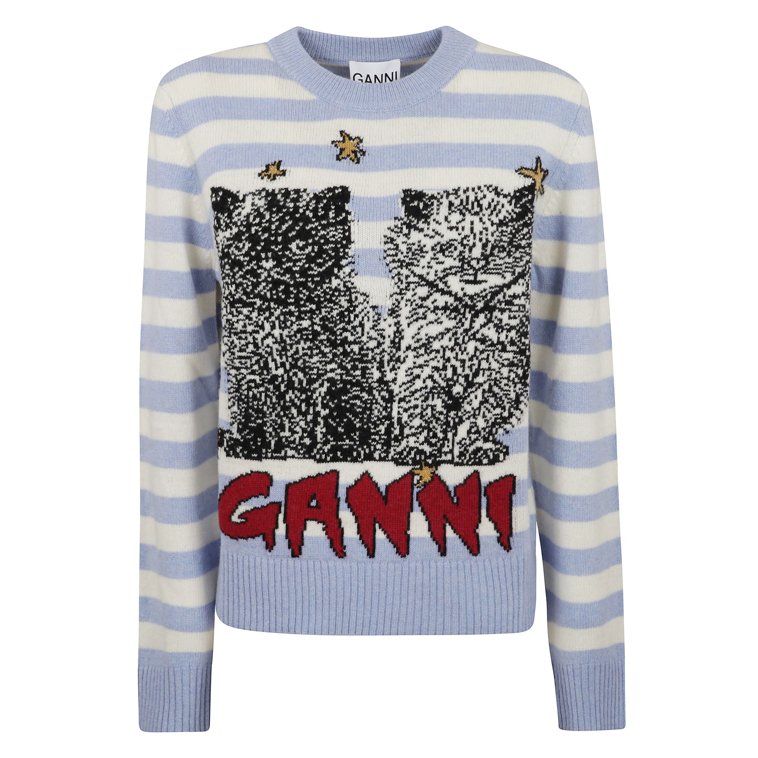 Maglione a maniche lunghe con gatto grafico a righe blu e logo ganni rosso