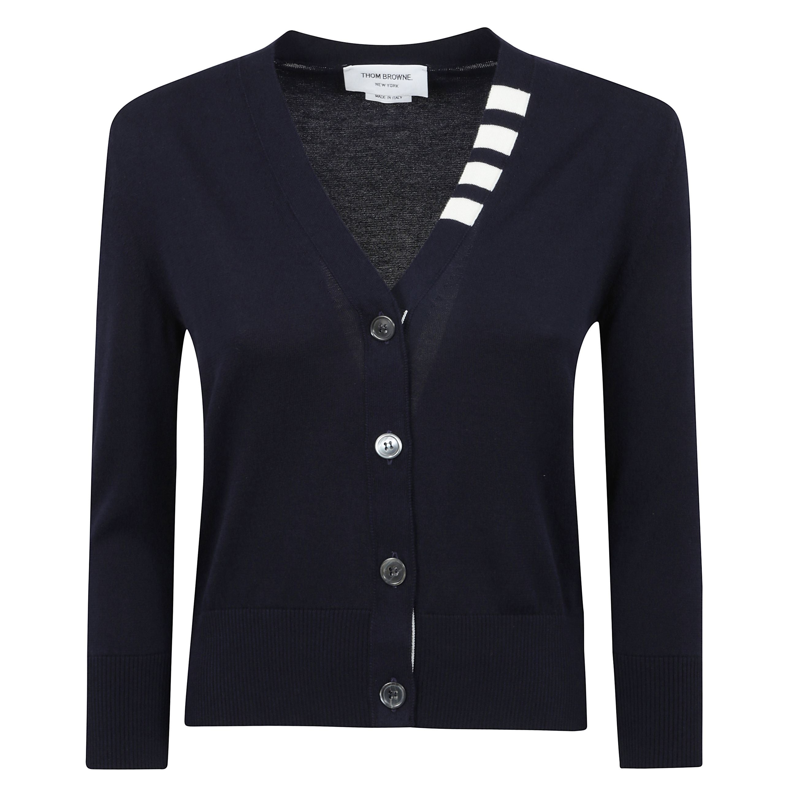 Cardigan con caratteristico dettaglio a 4 righe, chiusura frontale con bottoni e scollo a v