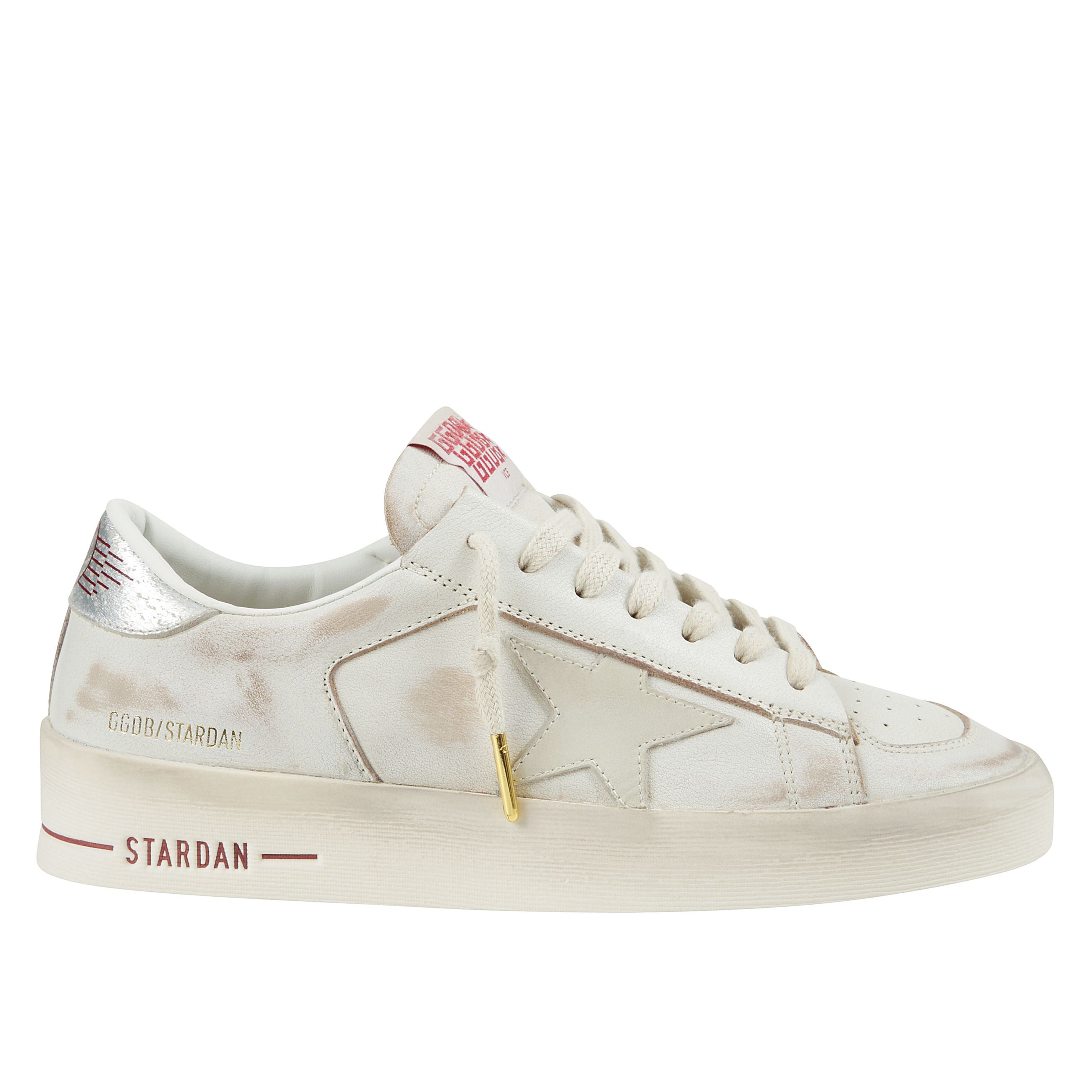 Sneakers stardan in pelle bianca effetto sporco, stella tono su tono con tallone argento