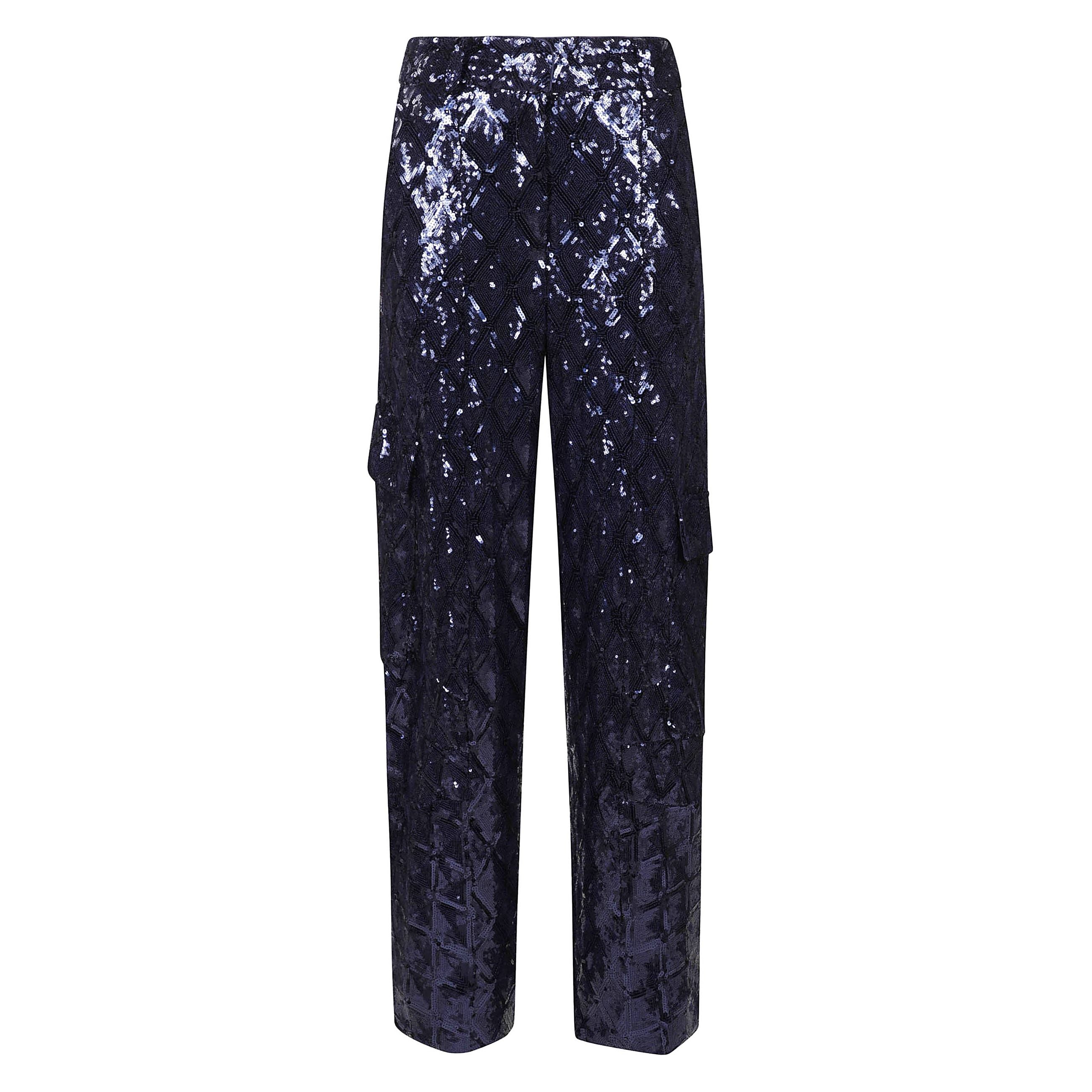 Pantaloni cargo blu navy con paillettes e chiusura nascosta frontale a bottone, gancio e zip