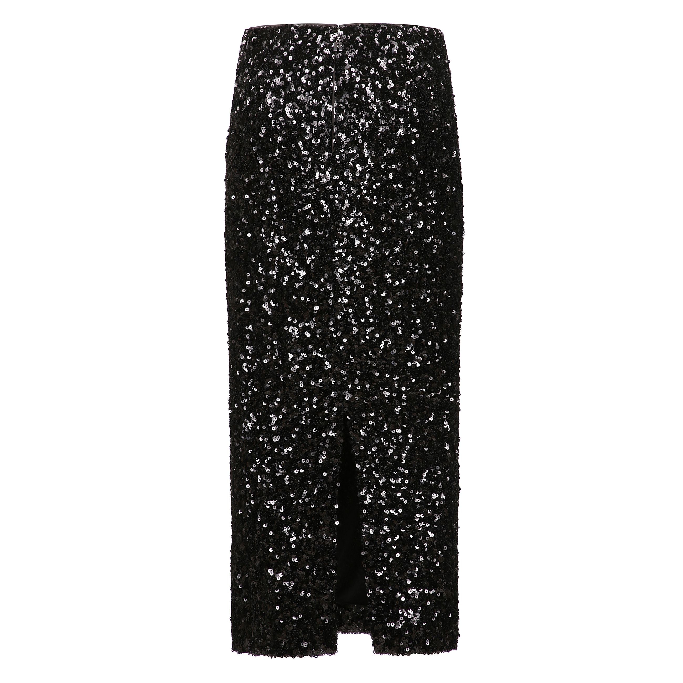Gonna midi nera con paillettes a spacco posteriore e chiusura posteriore con zip a gancio nascosta