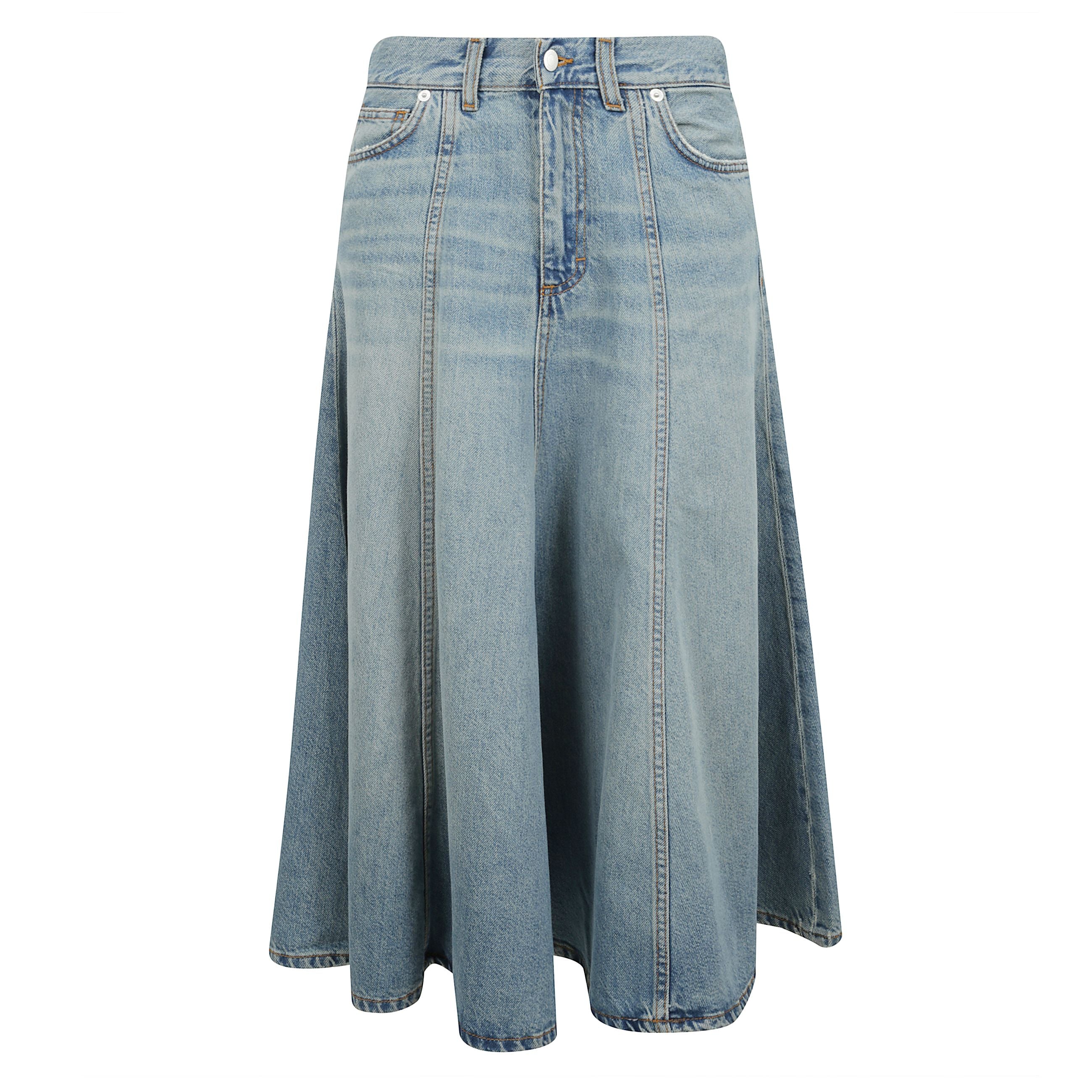 Gonna in denim, con zip e tasche a bottone sul retro.