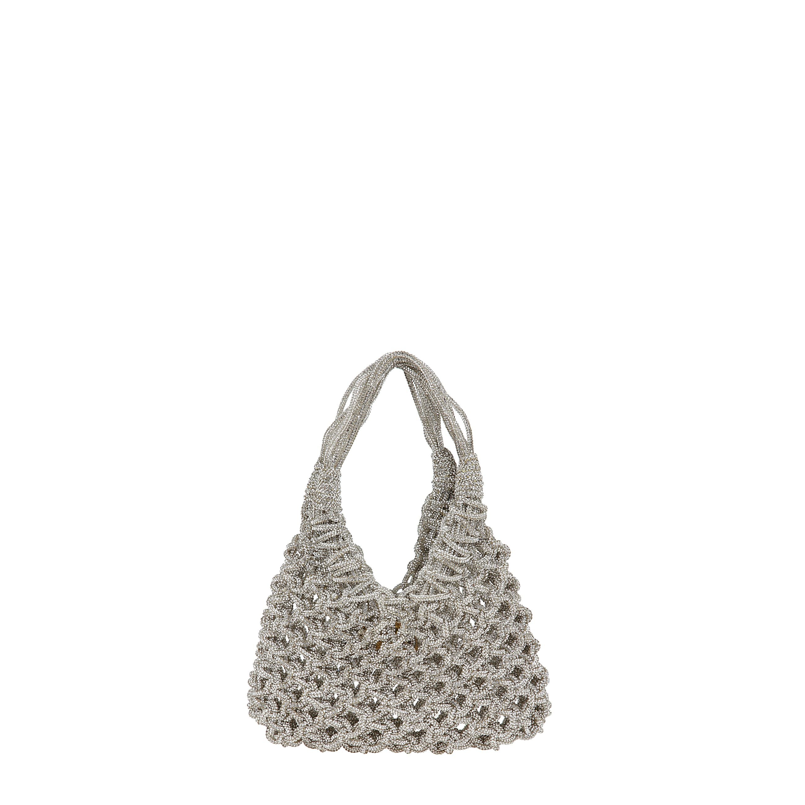 Borsa a mano tempestata di cristalli dal design senza fodera con parte superiore aperta e due manici