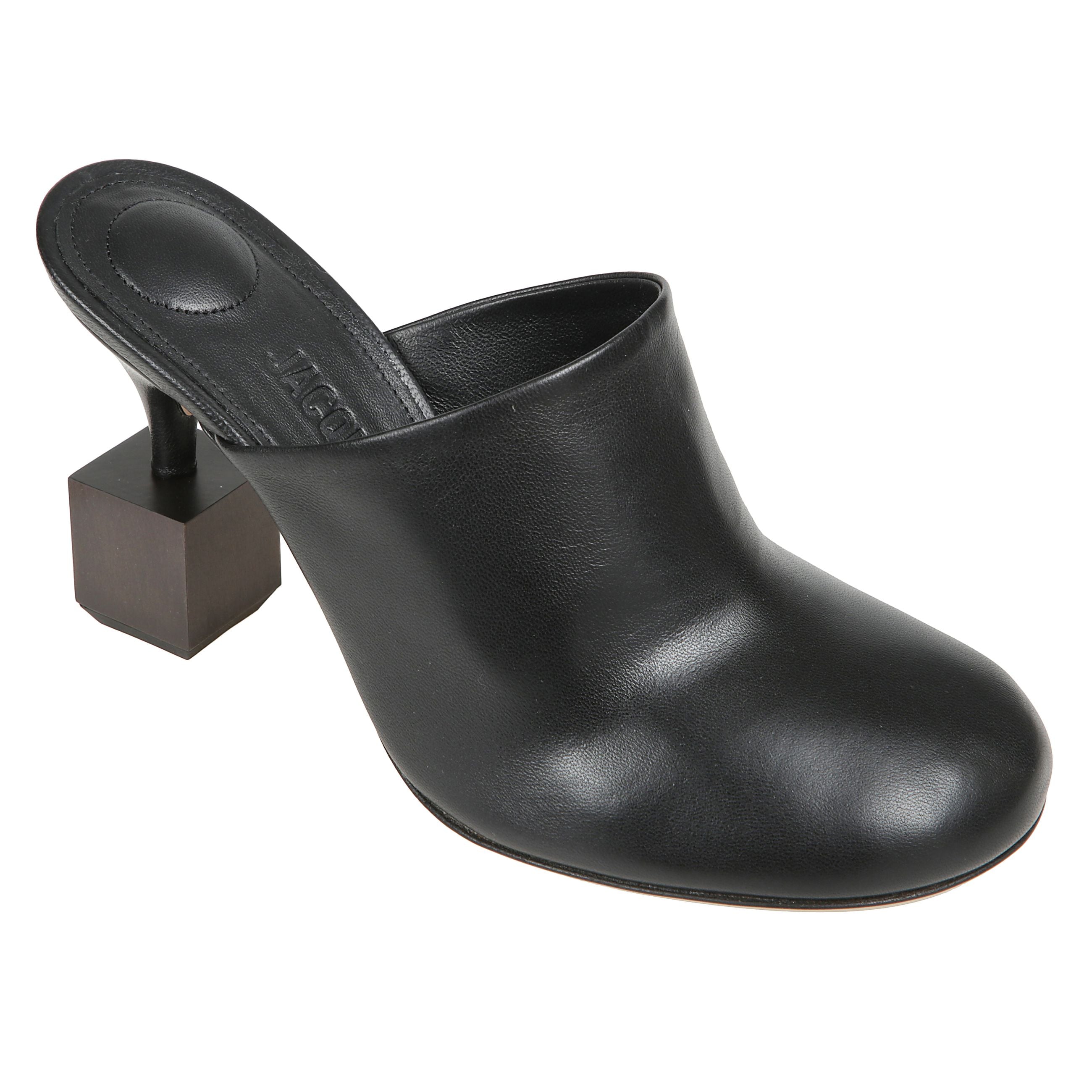 Mule bisou in pelle liscia con tacco geometrico e suola in cuoio