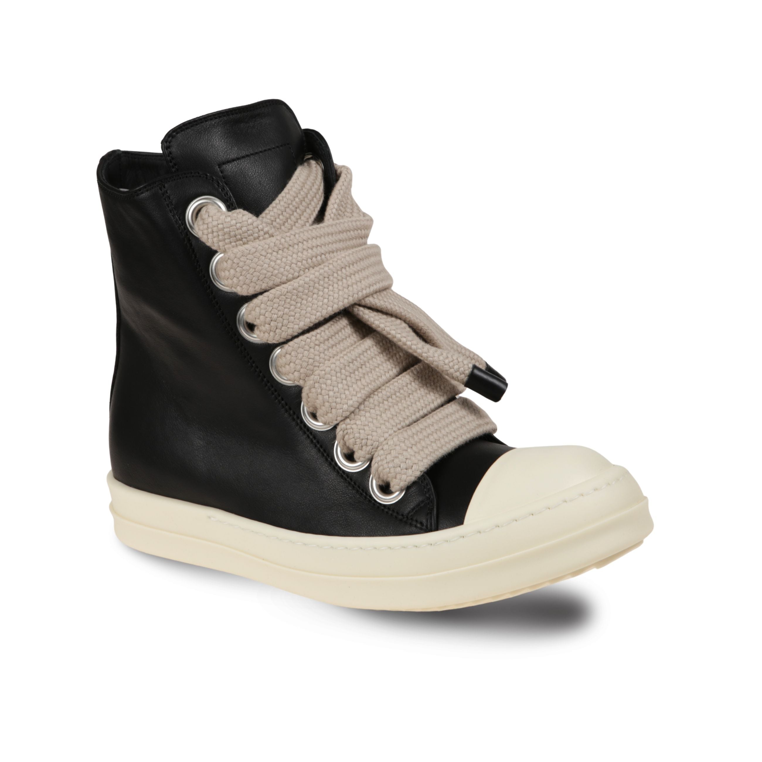 Sneakers high-top rick owens. design in pelle tinta unita effetto opaco, con grandi lacci piatti ed occhielli metallici. dotati di chiusura con zip metallica laterale.