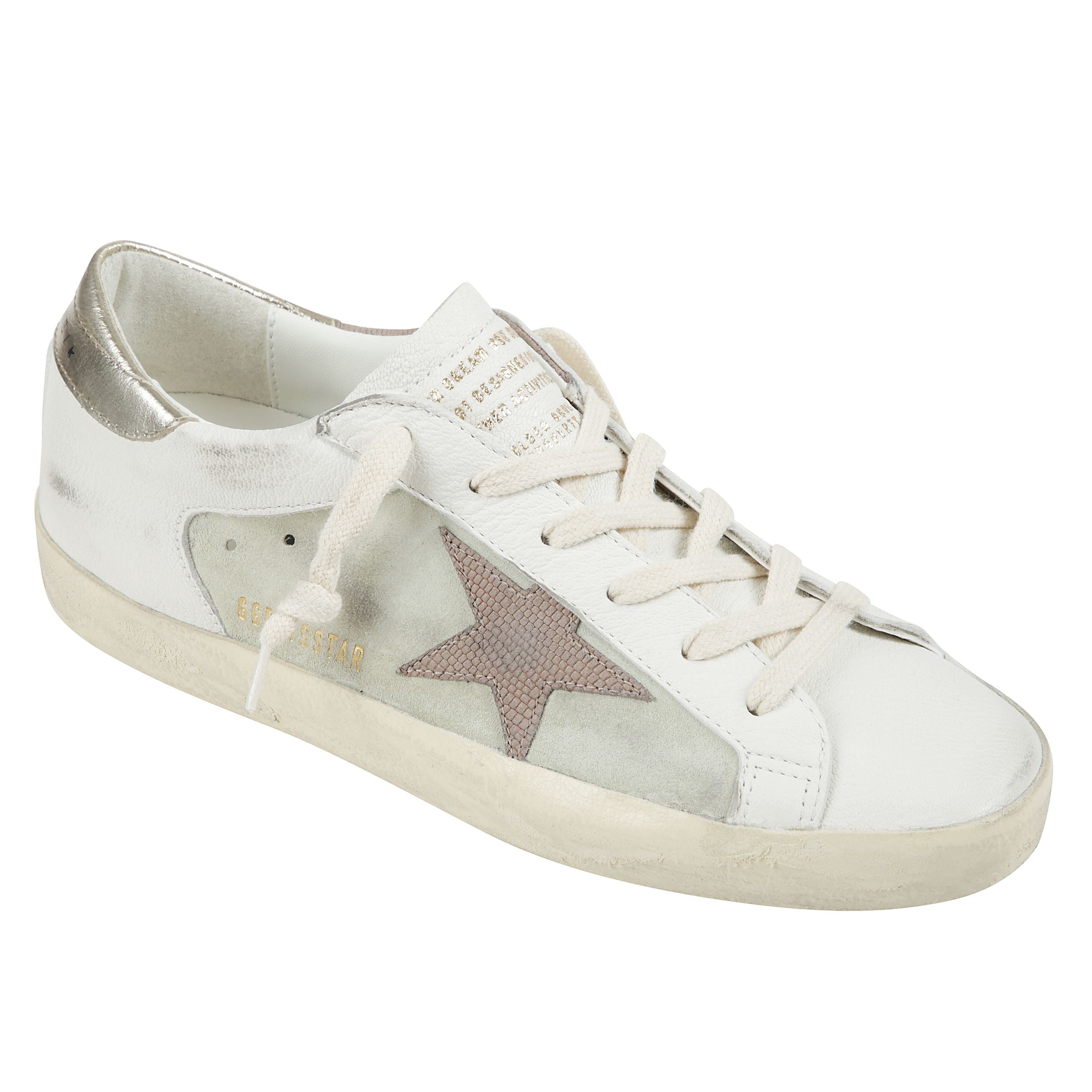 Sneakers super-star in pelle bianca, stella con stampa coccodrillo, tallone color oro
