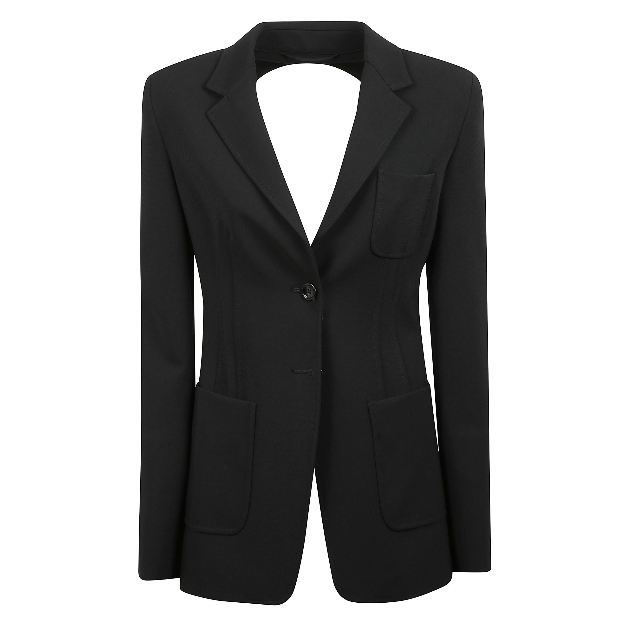 Blazer monopetto in jersey compatto di viscosa stretch, caratterizzato da una vestibilità slim fit con dettaglio cut-out arricciato sulla schiena. classico collo a rever, maniche lunghe con spacco alto sul polso, taschino applicato sul petto e tasche a t