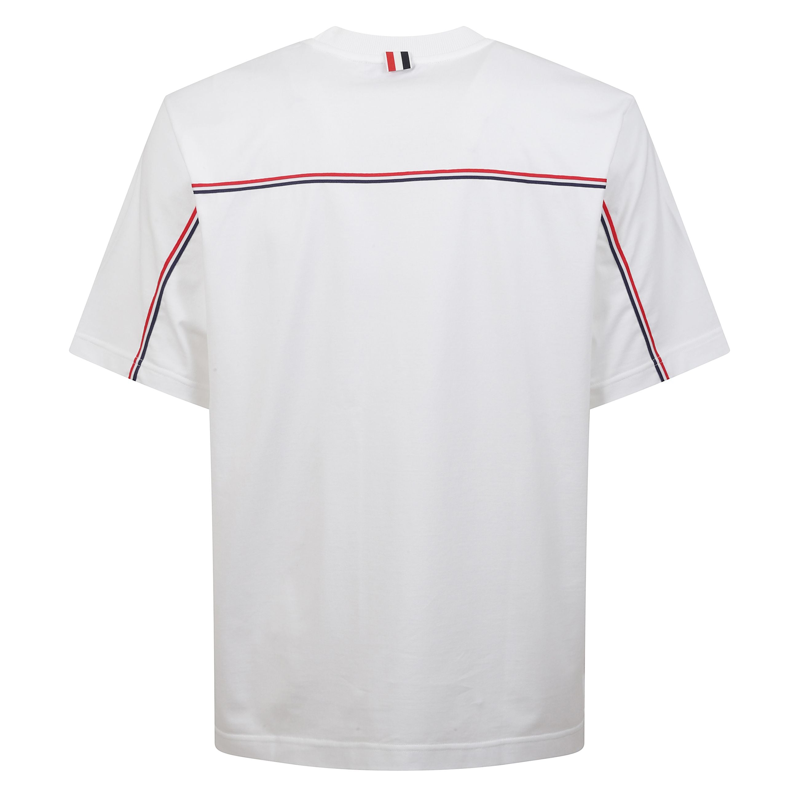 T-shirt in cotone con orlo dritto e vestibilità larga. etichetta con firma thom browne vicino all'orlo frontale. sul retro, strisce tricolore sulla schiena e passante in grossgrain.