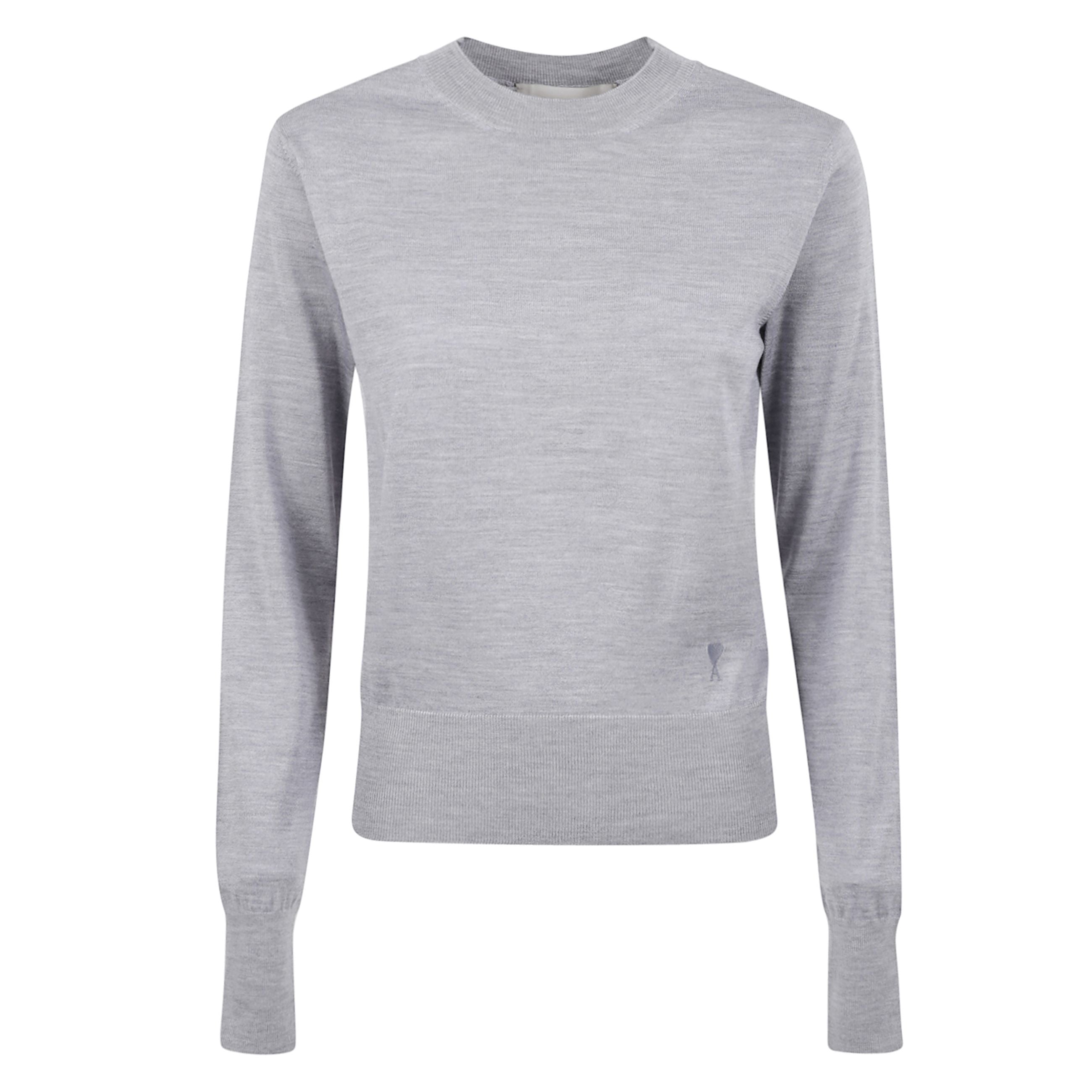 Maglione girocollo grigio a maniche lunghe, con polsini e orlo a costine, logo ami paris tono su tono ricamato sul fronte.