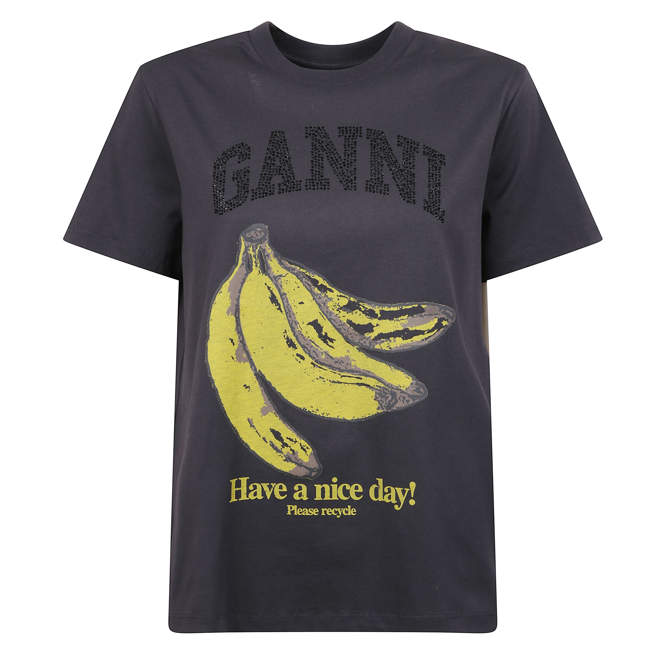 T-shirt a maniche corte con vestibilità larga. girocollo a coste. stampa con logo ganni e banane a contrasto sul fronte.