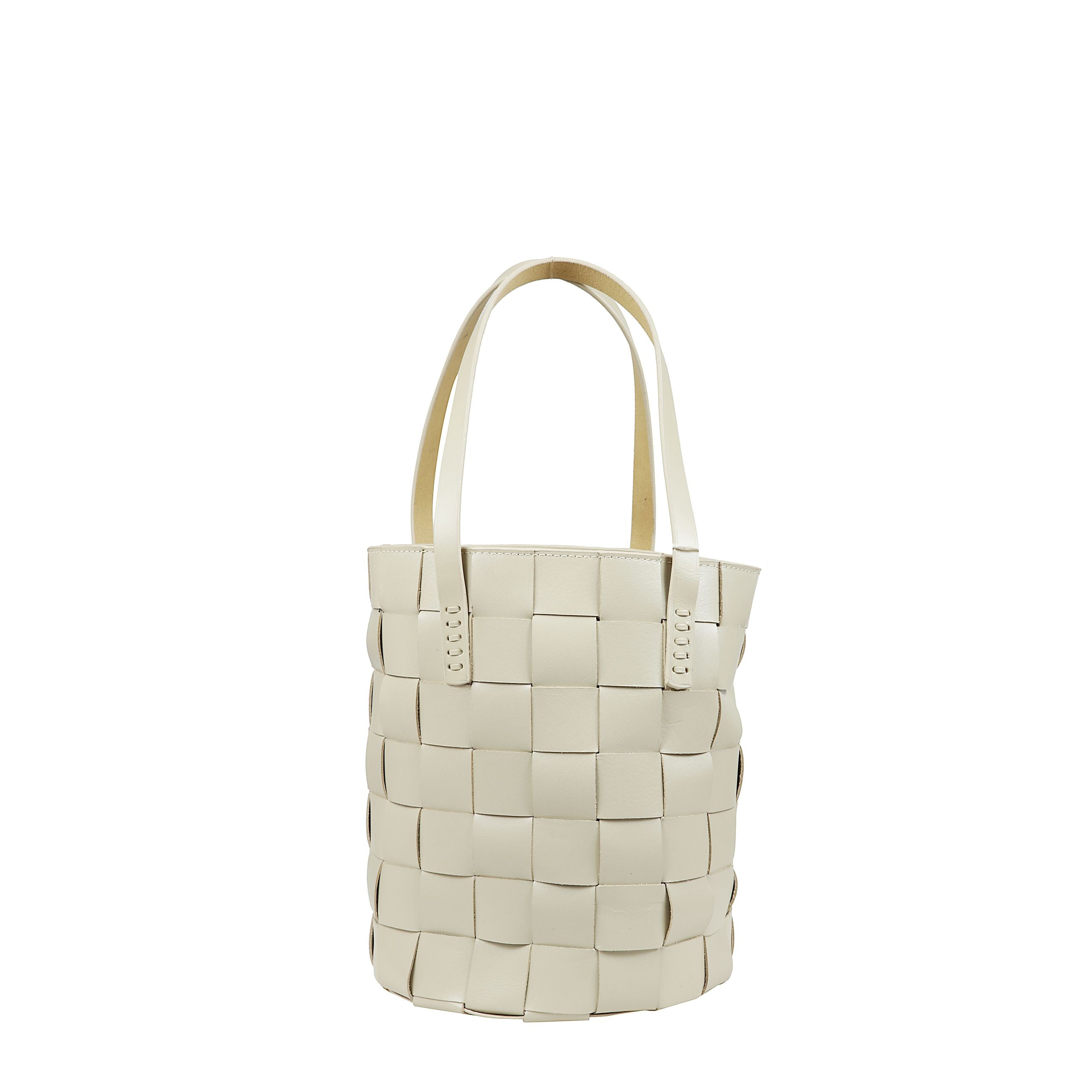 Borsa a secchiello in pelle con due manici e scomparto interno spazioso.