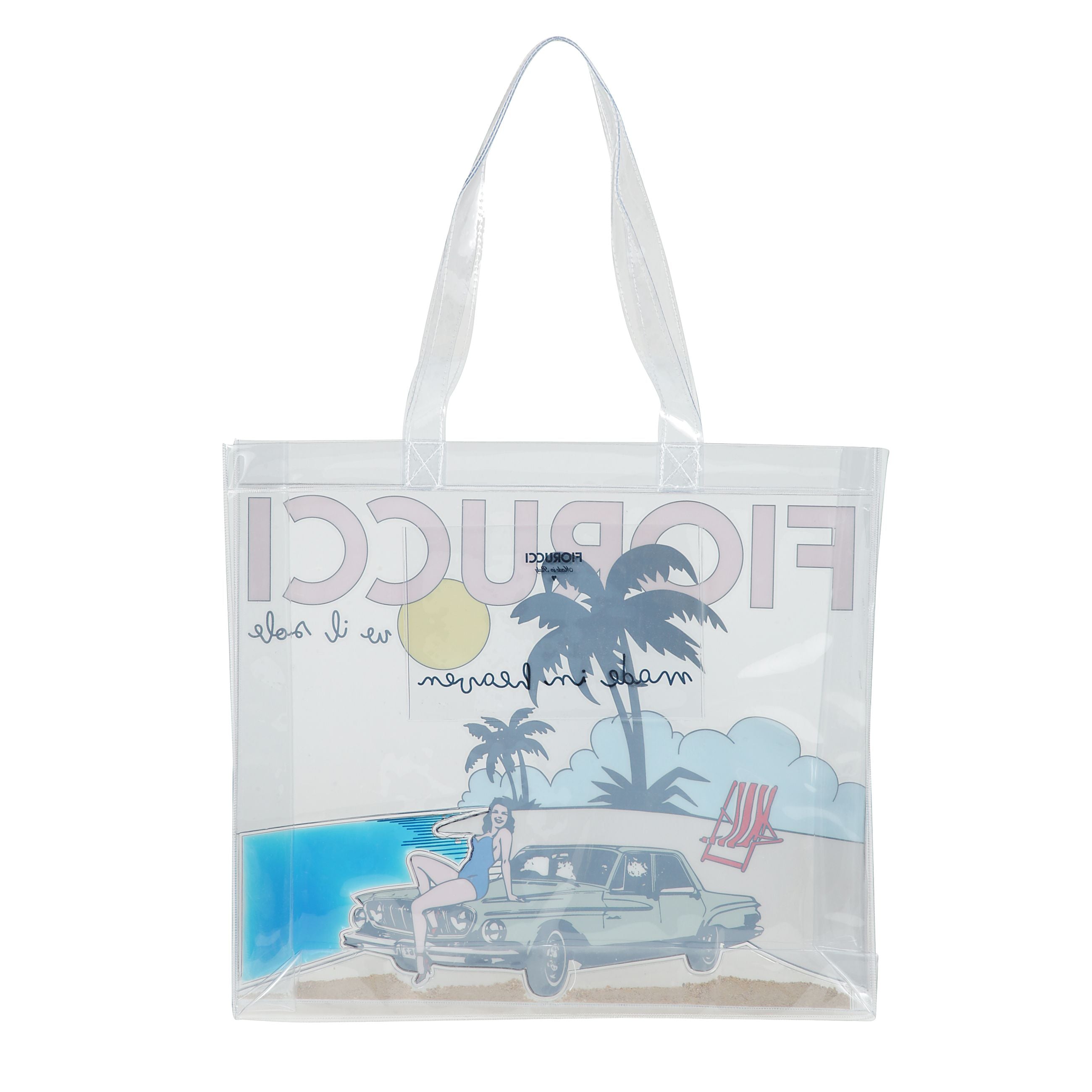 Borsa tote da spiaggia con logo fiorucci, con grafica frontale. realizzata in pvc riciclato, ha doppi manici, apertura superiore e tasca interna.