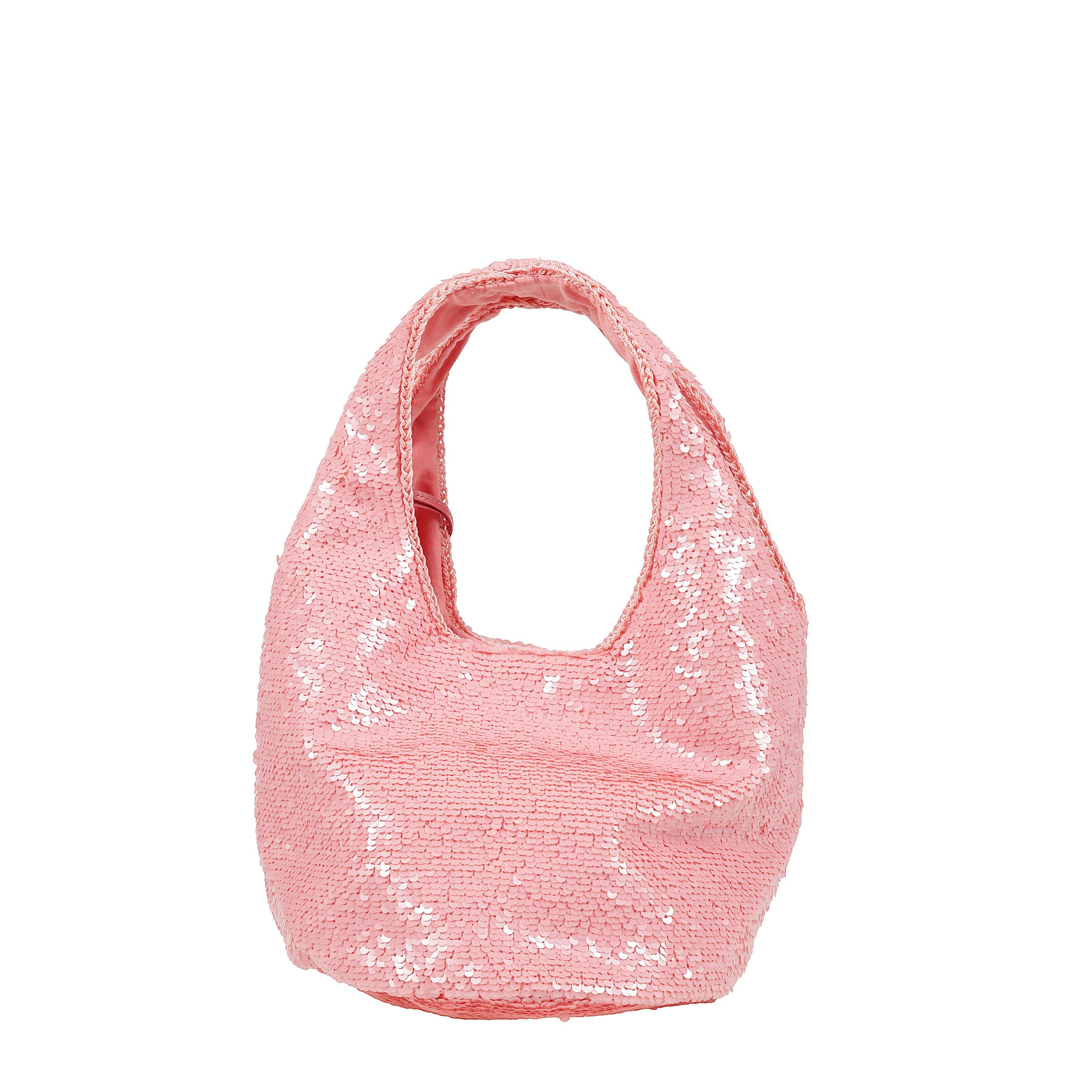 Shopper sequin mini realizzata con paillettes all-over, con scomparto unico, doppio manico e ciondolo metallico logato