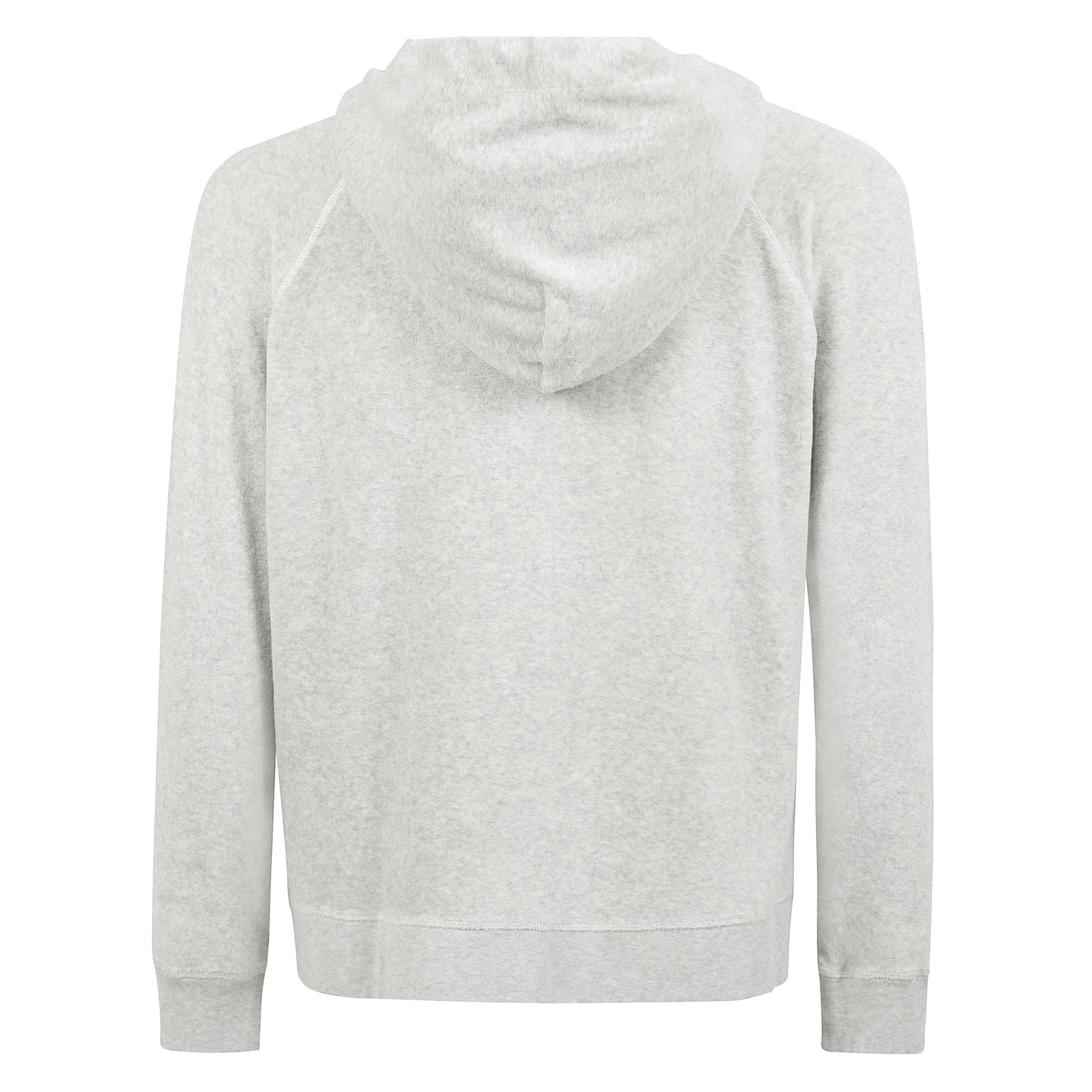 Felpa in spugna con cappuccio a maniche lunghe con chiusura frontale con zip a doppio cursore, due tasche frontali a marsupio ,orlo e polsini a coste