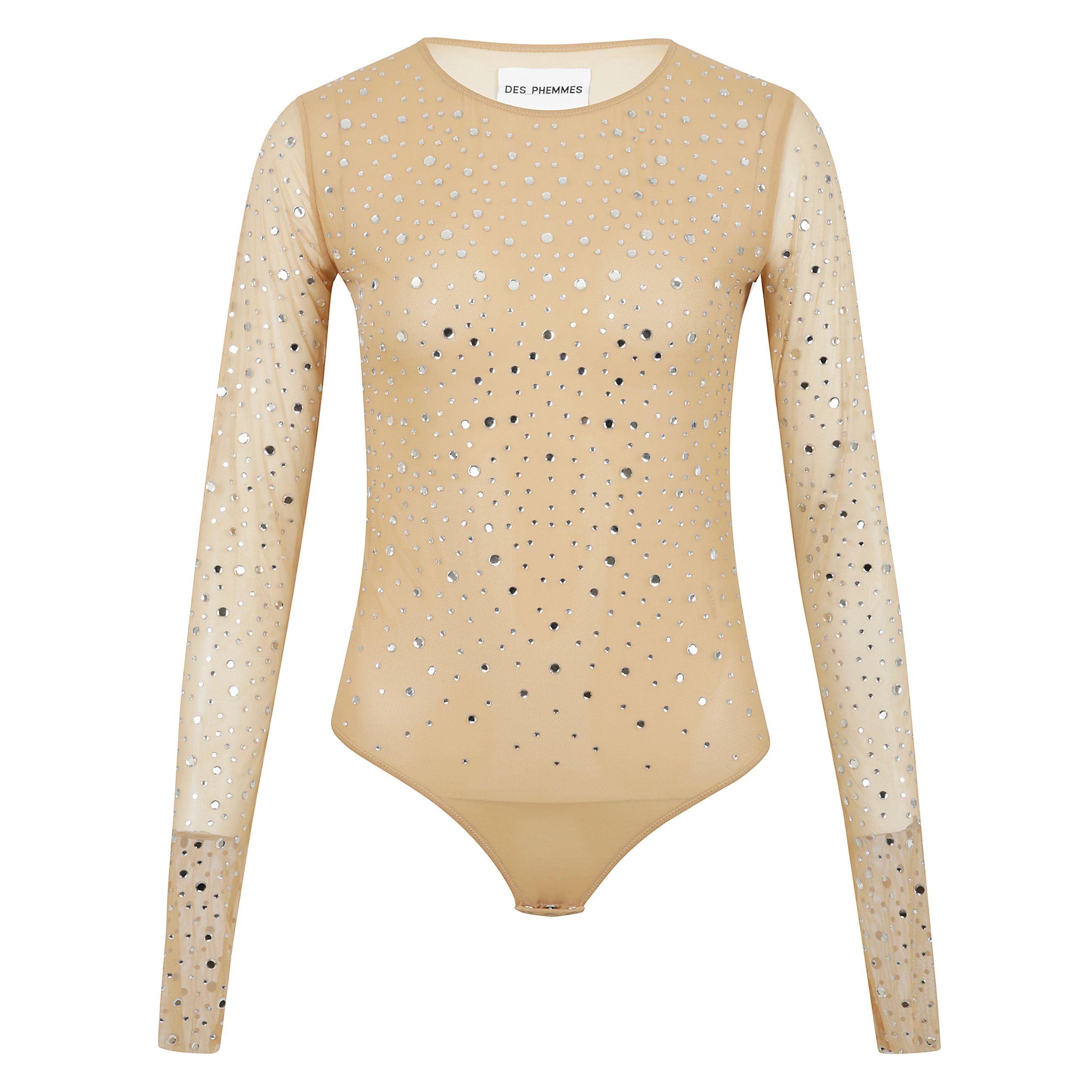 Body nero in tulle manica lunga intarsiato di cristalli