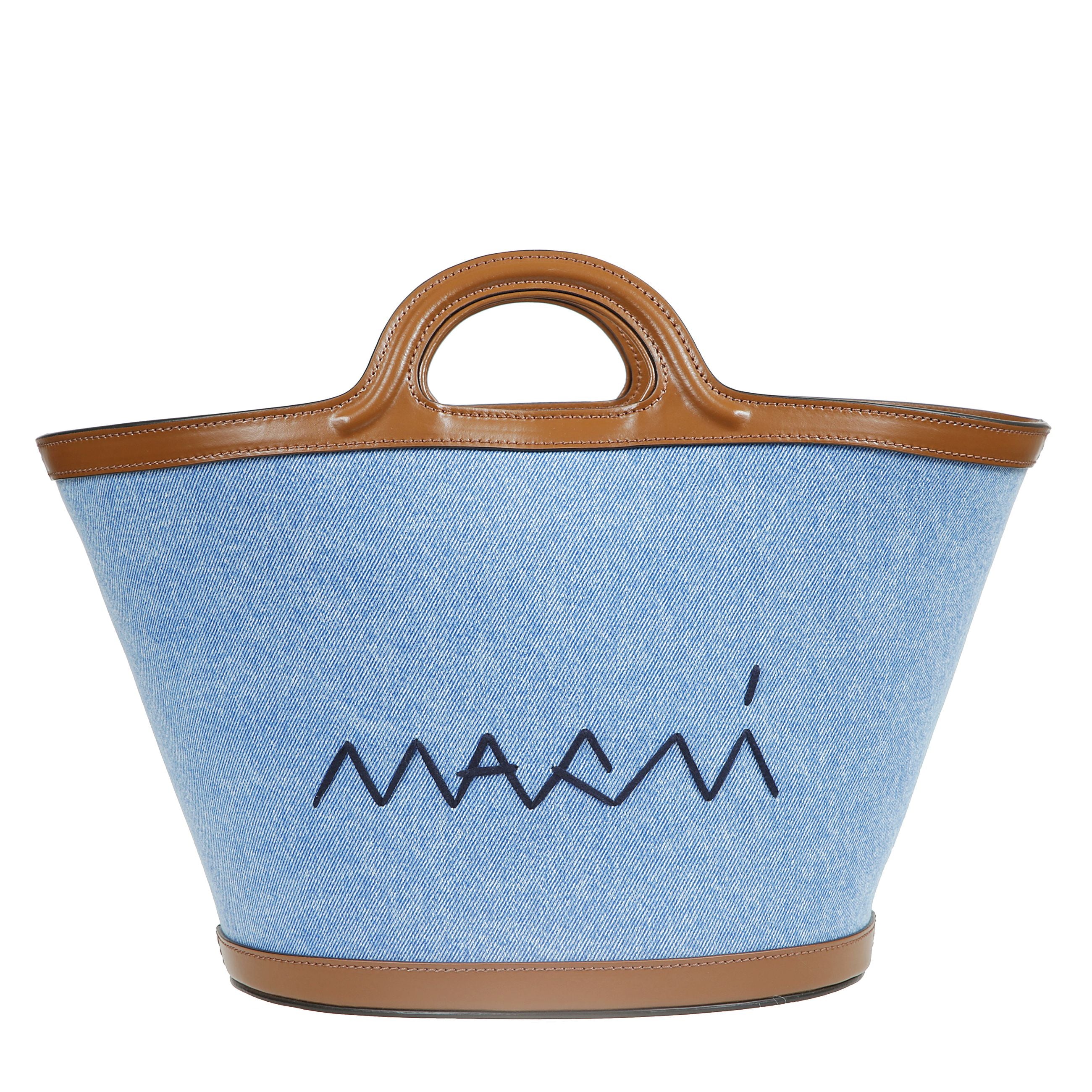 Borsa tropicalia a secchiello marni in denim di cotone e pelle con parte superiore aperta a due manici.