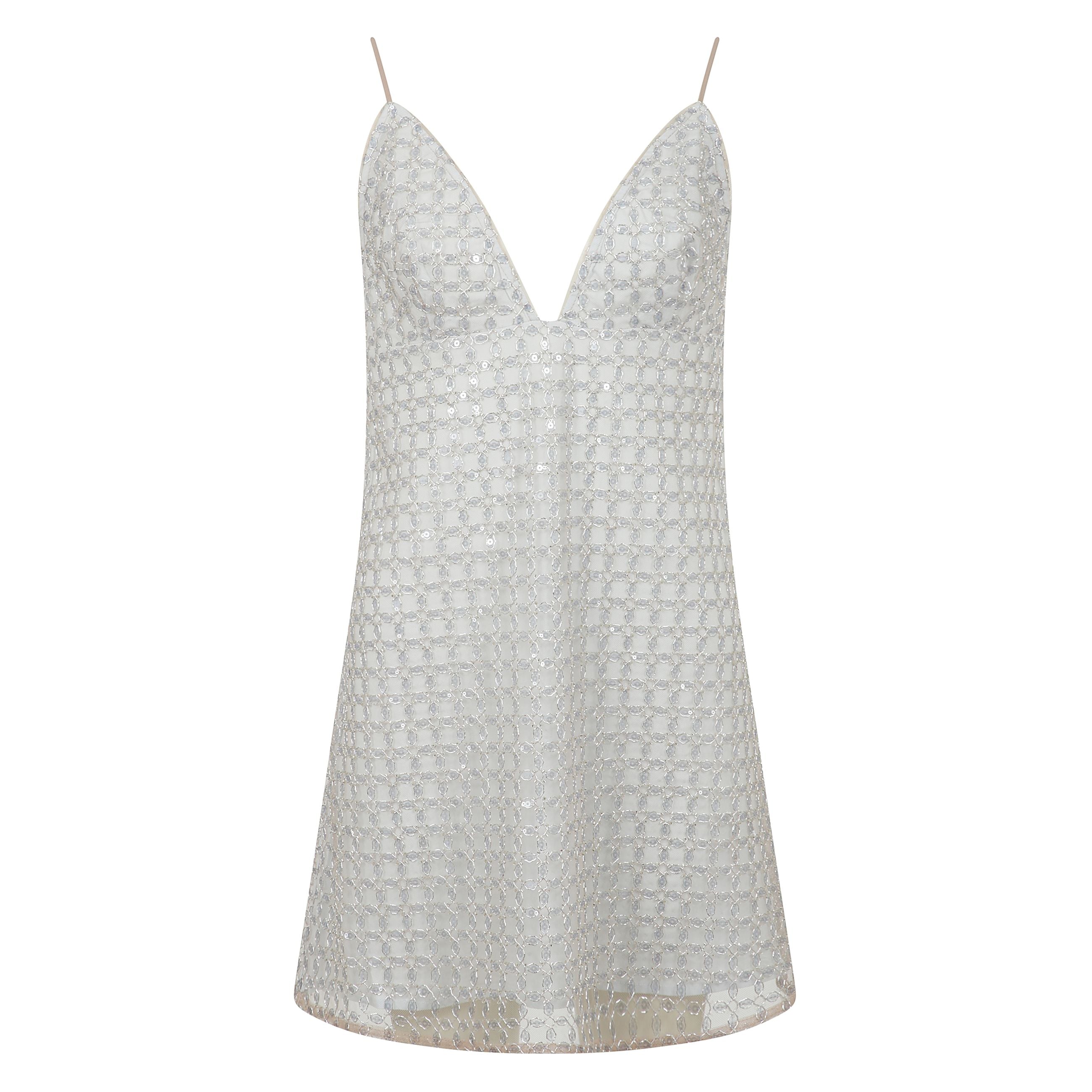 Mini abito realizzato in materiale con paillettes e perline cucite sul tessuto a rete, cinghie non regolabili e rimovibili, chiusura con cerniera e gancetto sul retro. strato aggiuntivo di fodera.