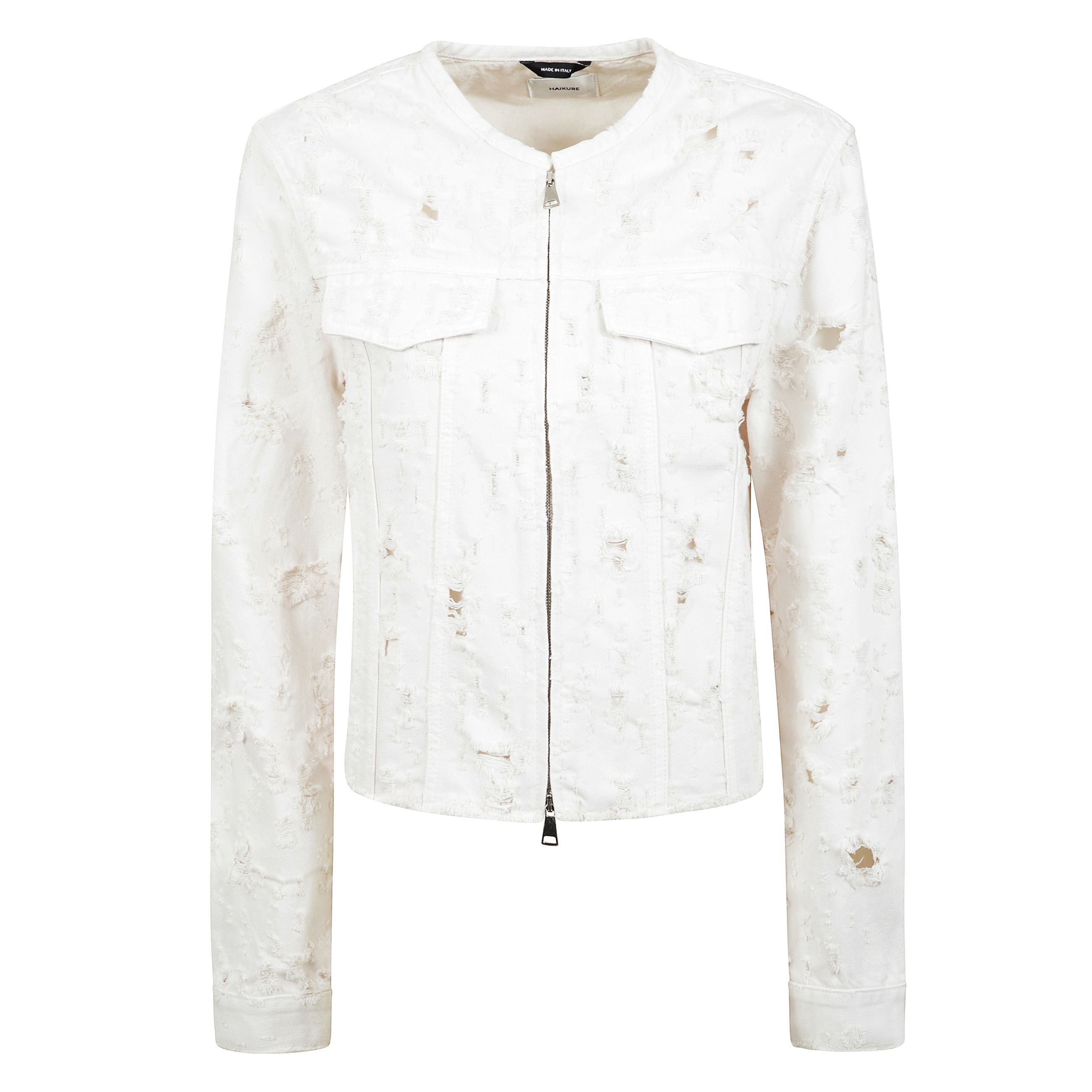 Giacca jena in cotone, chiusura frontale con zip, effetto vissuto e tasche con patta sul petto