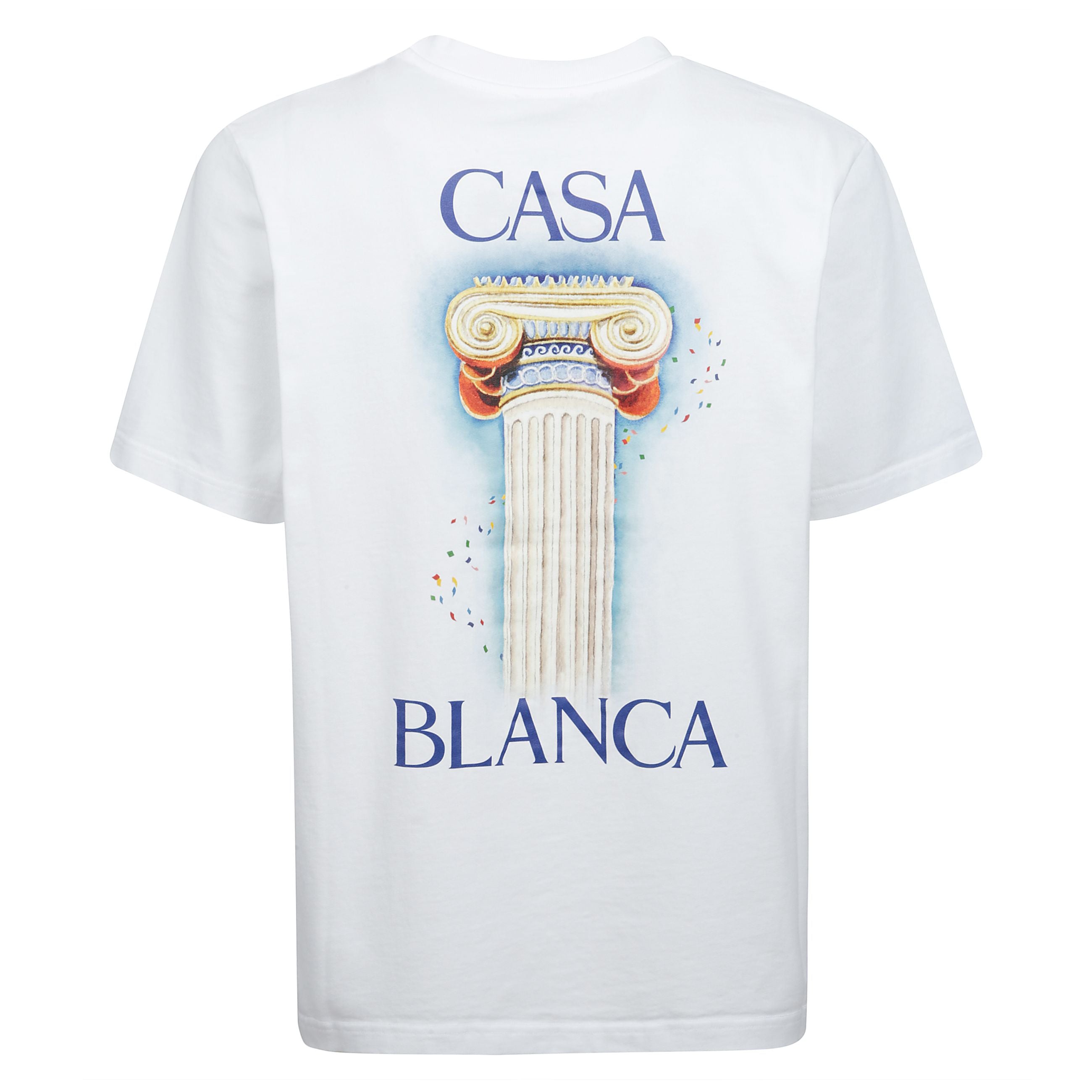 T-shirt di casablanca realizzata in jersey di cotone organico color bianco con stampa la colomne sul petto e sul retro. caratterizzata da scollatura a giro, maniche corte e fondo dritto.