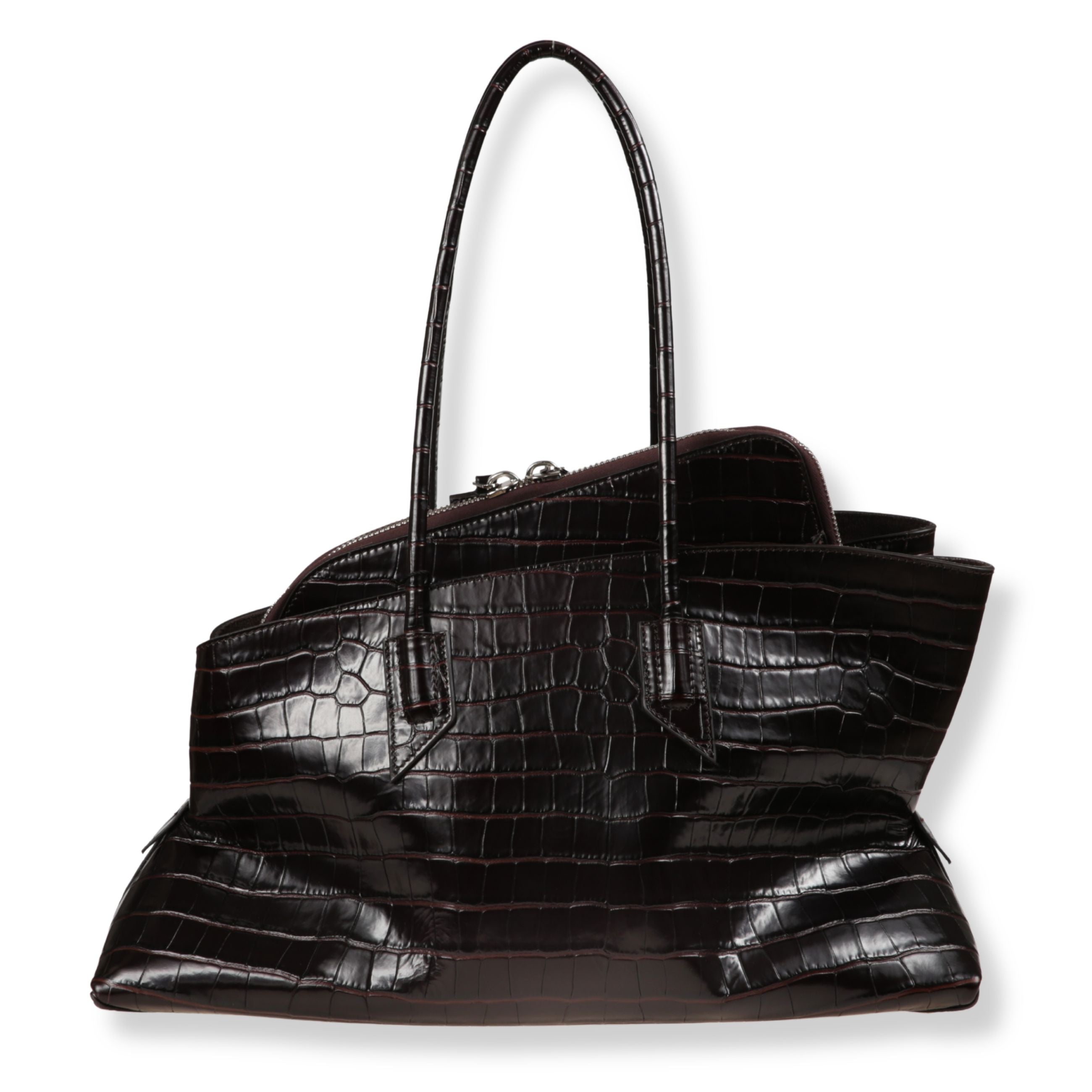 Borsa in pelle the attico effetto coccodrillo. corpo con cadenze morbide e forma asimmetrica. doppi manici superiori. chiusura superiore a zip su struttura rigida.