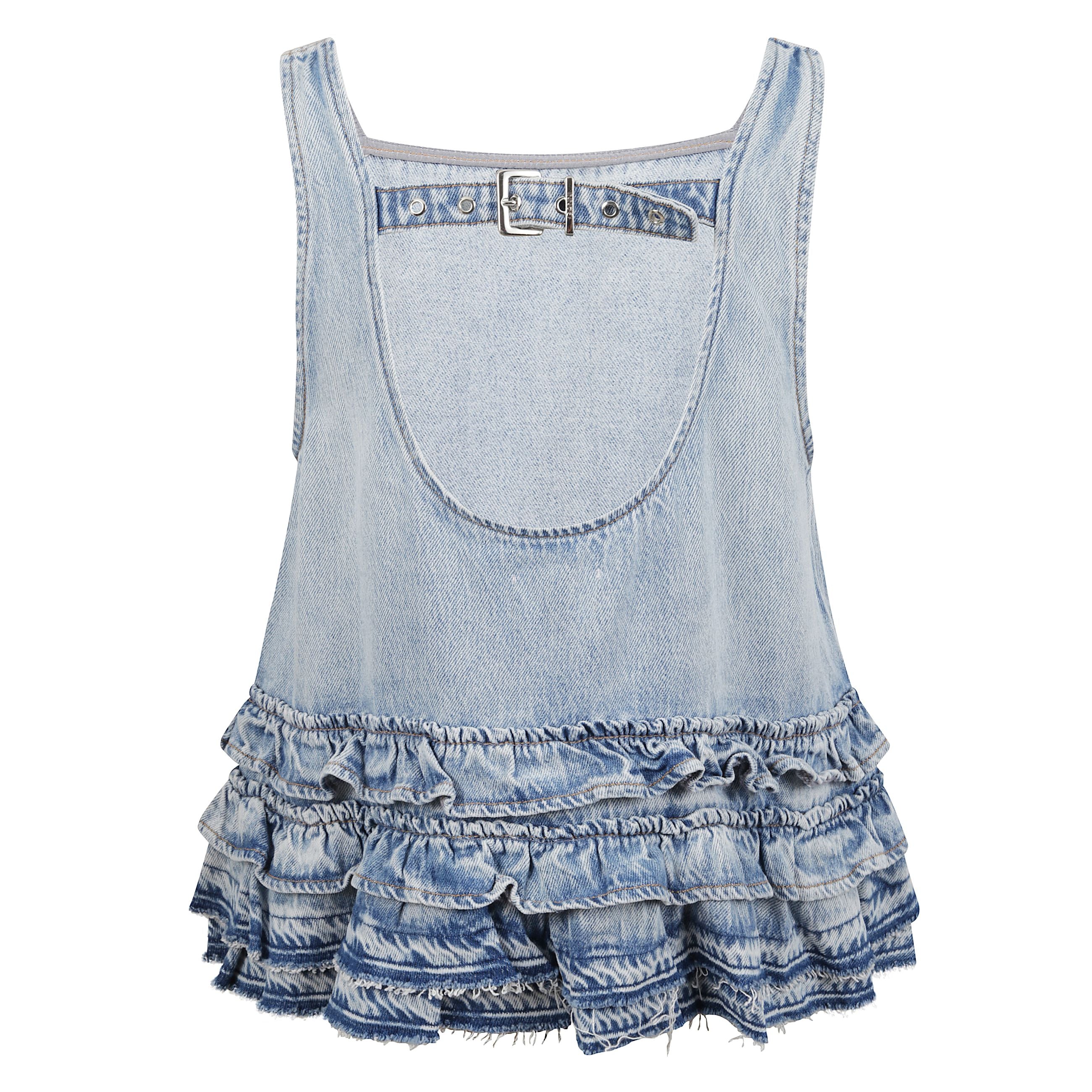 Maglia con design senza maniche a scollo quadrato. ampio scollo sulla schiena. dettaglio con fibbia sul retro. orlo con volant.