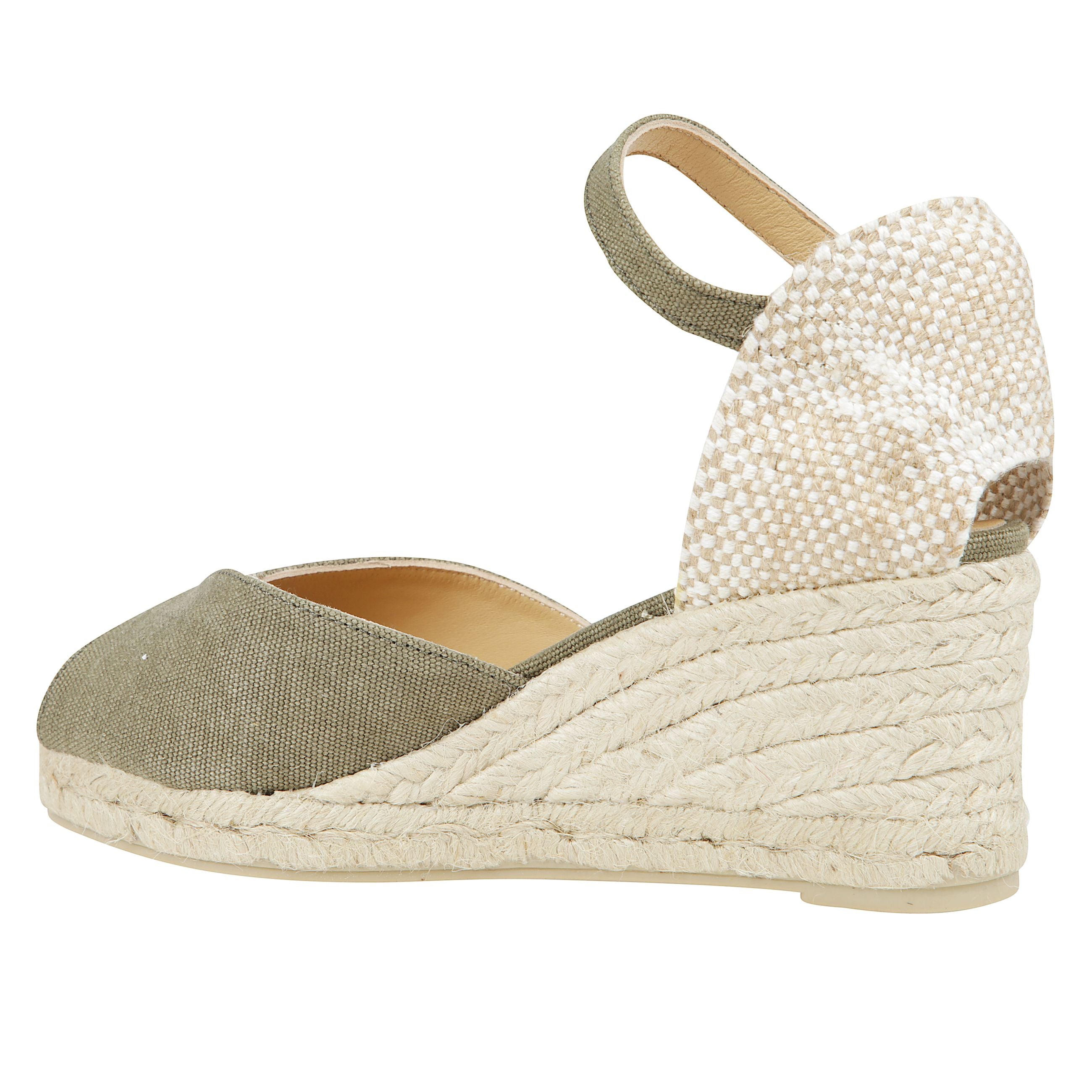 Sandalo bianca stile peep-toe in cotone organico lavato con chiusura a cinturino, soletta imbottita e zeppa in juta