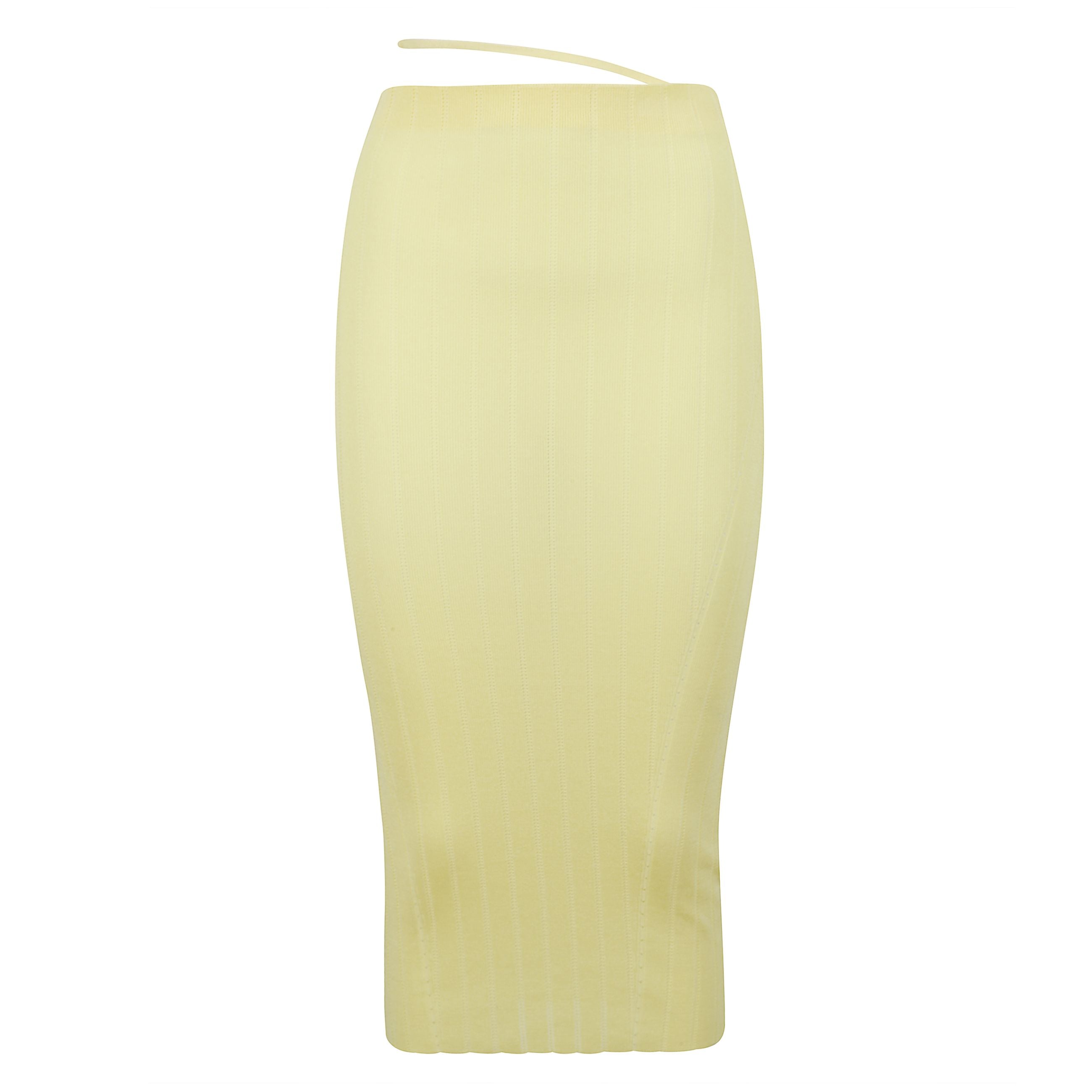 Gonna midi in maglia a coste con taglio dritto, vita alta con fascia in stile lingerie, dettagli traforati, orlo ondulato e charm jacquemus in metallo dorato.