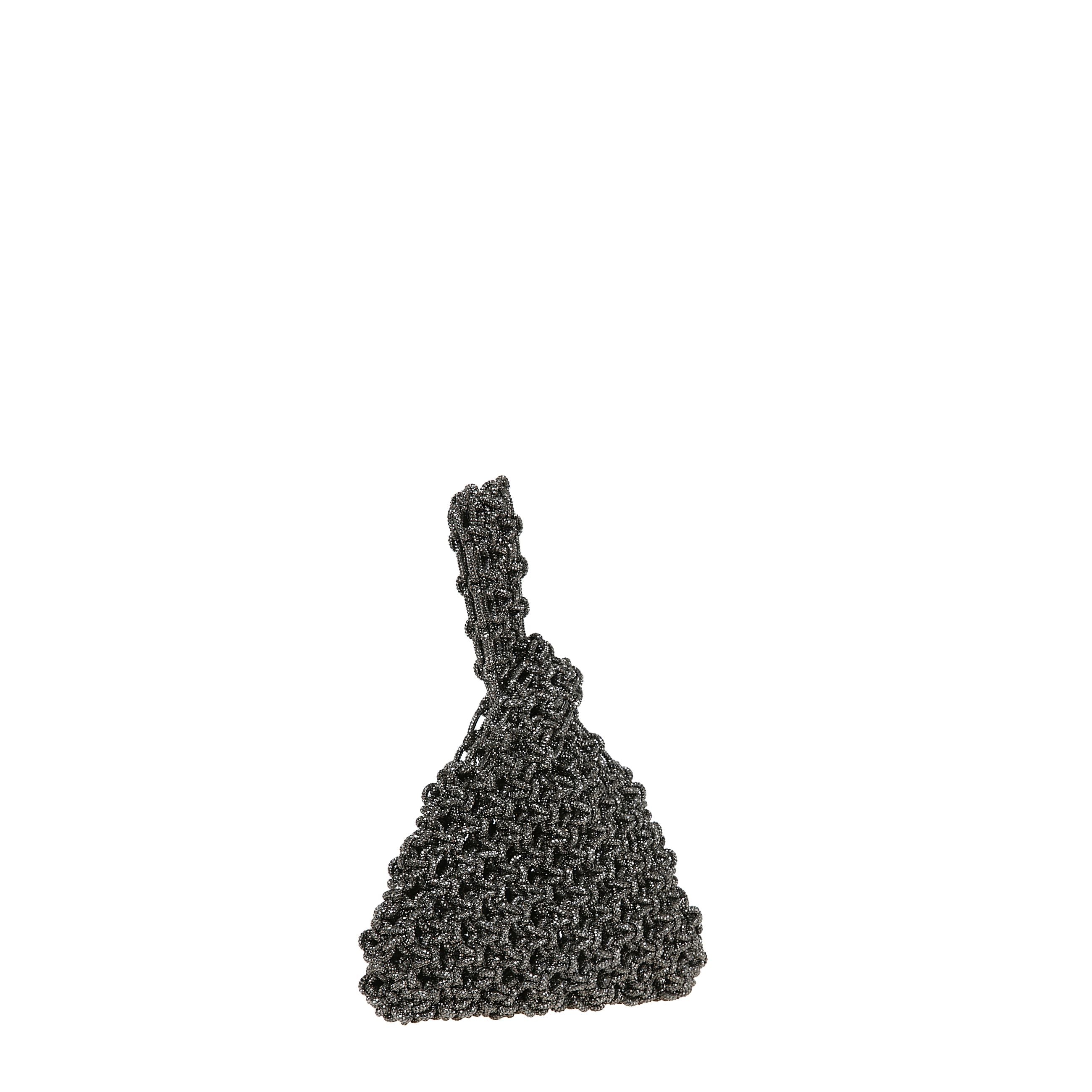 Borsa a mano o da polso realizzata a mano con tecnica ad intreccio, interamente ricoperta da cristalli oro, due manici e design senza chiusura e sfoderato.