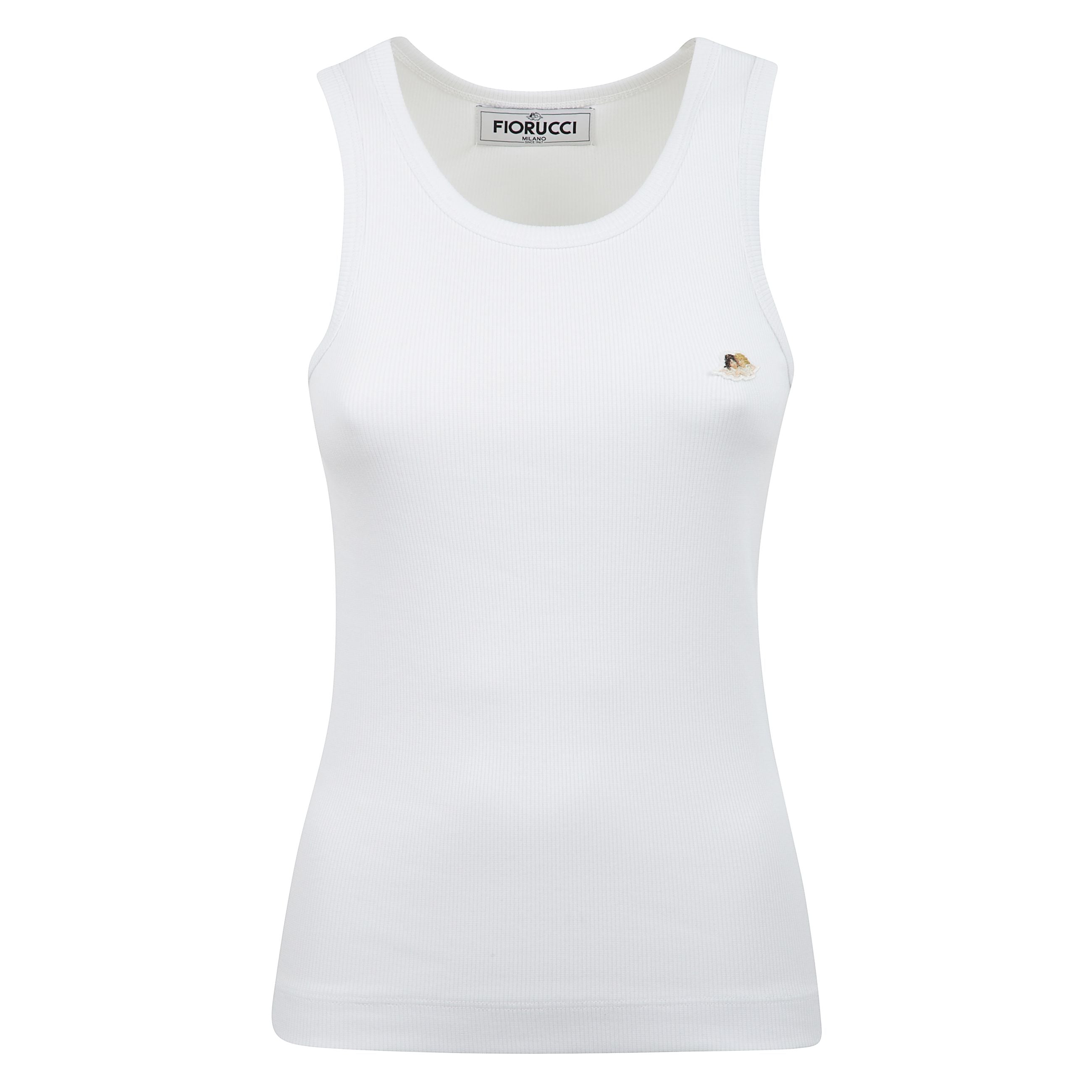 Canotta bianca con patch angels a coste, senza maniche, vestibilità attillata e scollo rotondo.