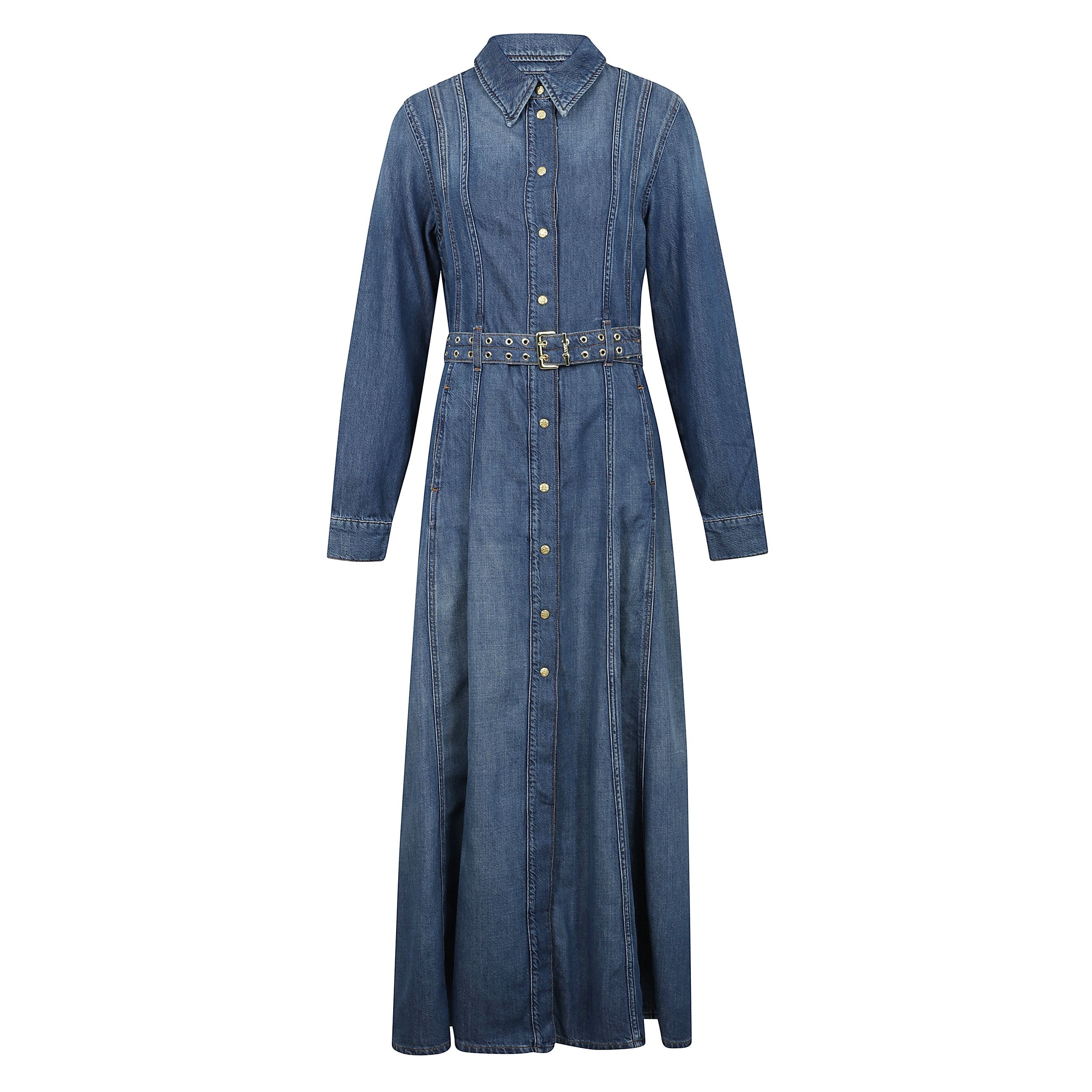 Questo abito presenta un classico colletto e una chiusura con bottoni frontali, maniche lunghe con polsini abbottonati e cintura con occhielli in vita.