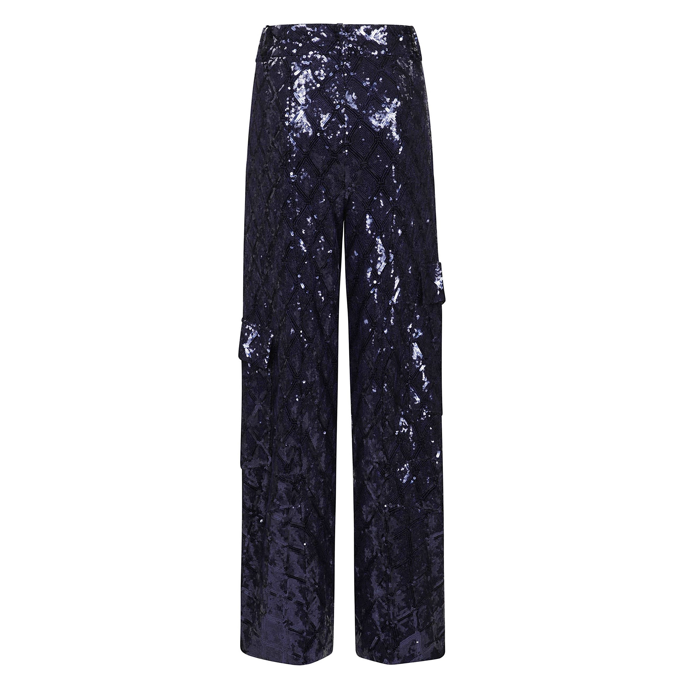 Pantaloni cargo blu navy con paillettes e chiusura nascosta frontale a bottone, gancio e zip