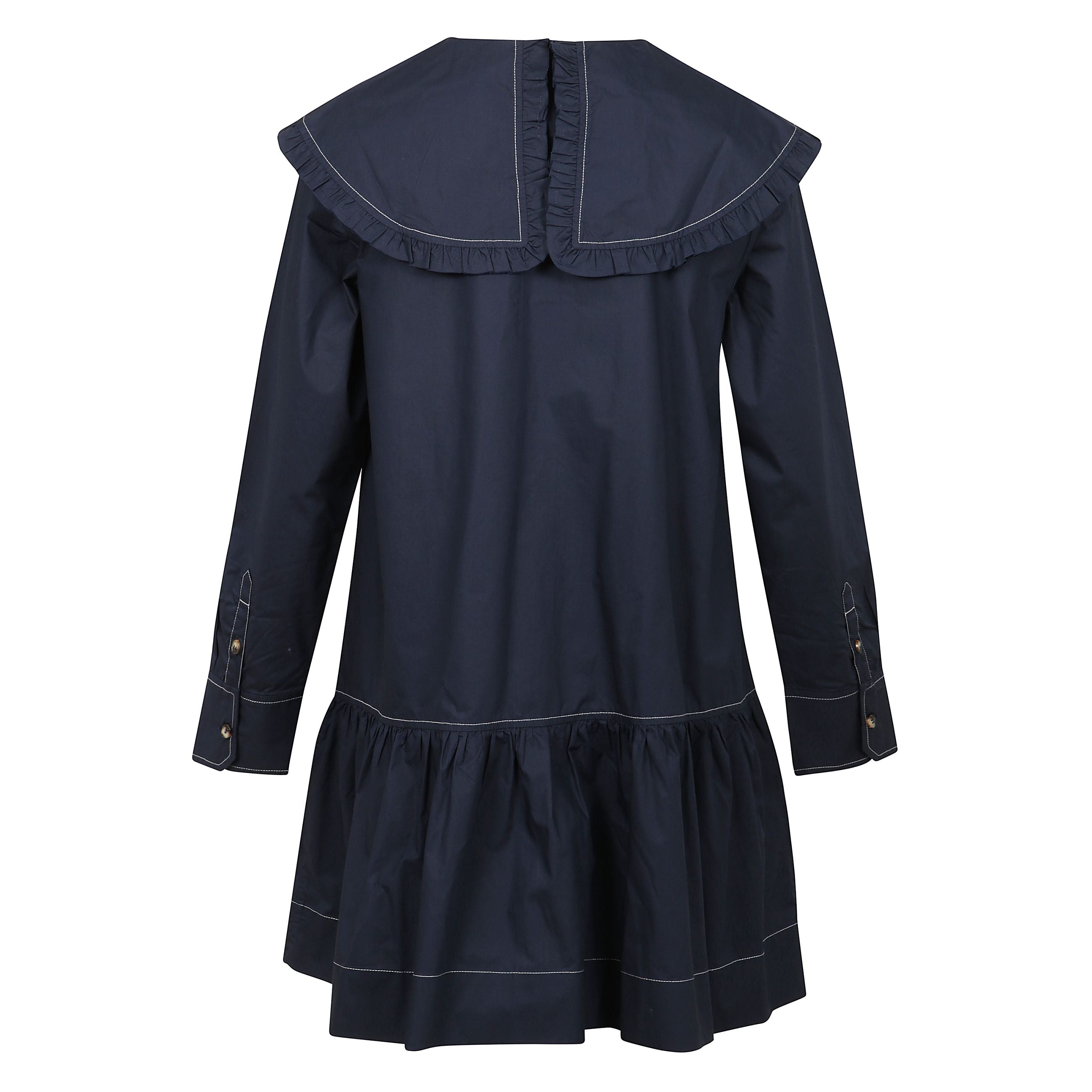 Questo blu scuro mini camicia abito presenta un collo oversize con bordi a volant e cuciture a contrasto. l'abito ha maniche lunghe con polsini abbottonati, un davanti a bottoni e dettagli raccolti all'orlo, aggiungendo volume per una silhouette rilassata