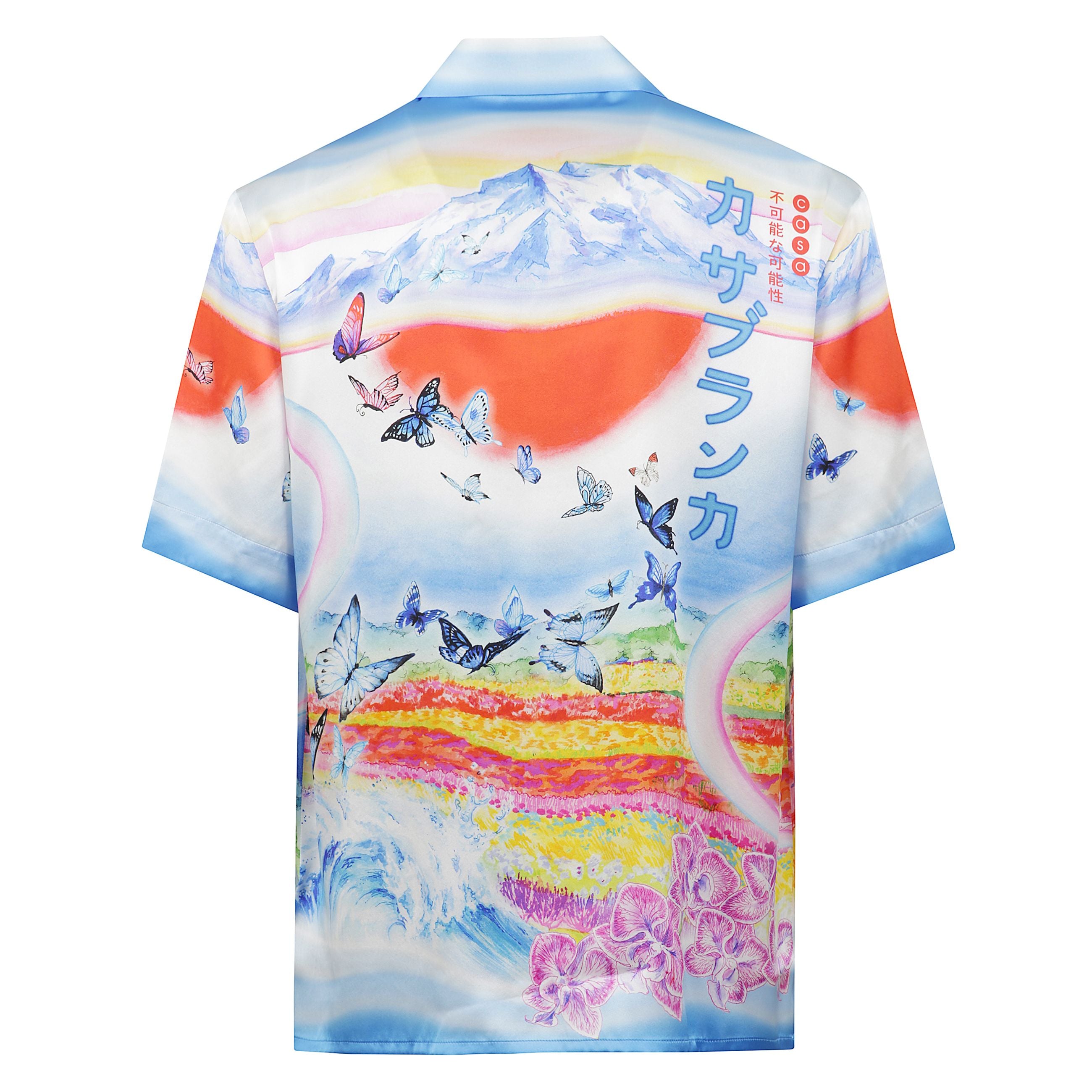 Camicia casablanca a maniche corte in seta. stampa grafica su fronte e retro. taschino applicato sul petto.