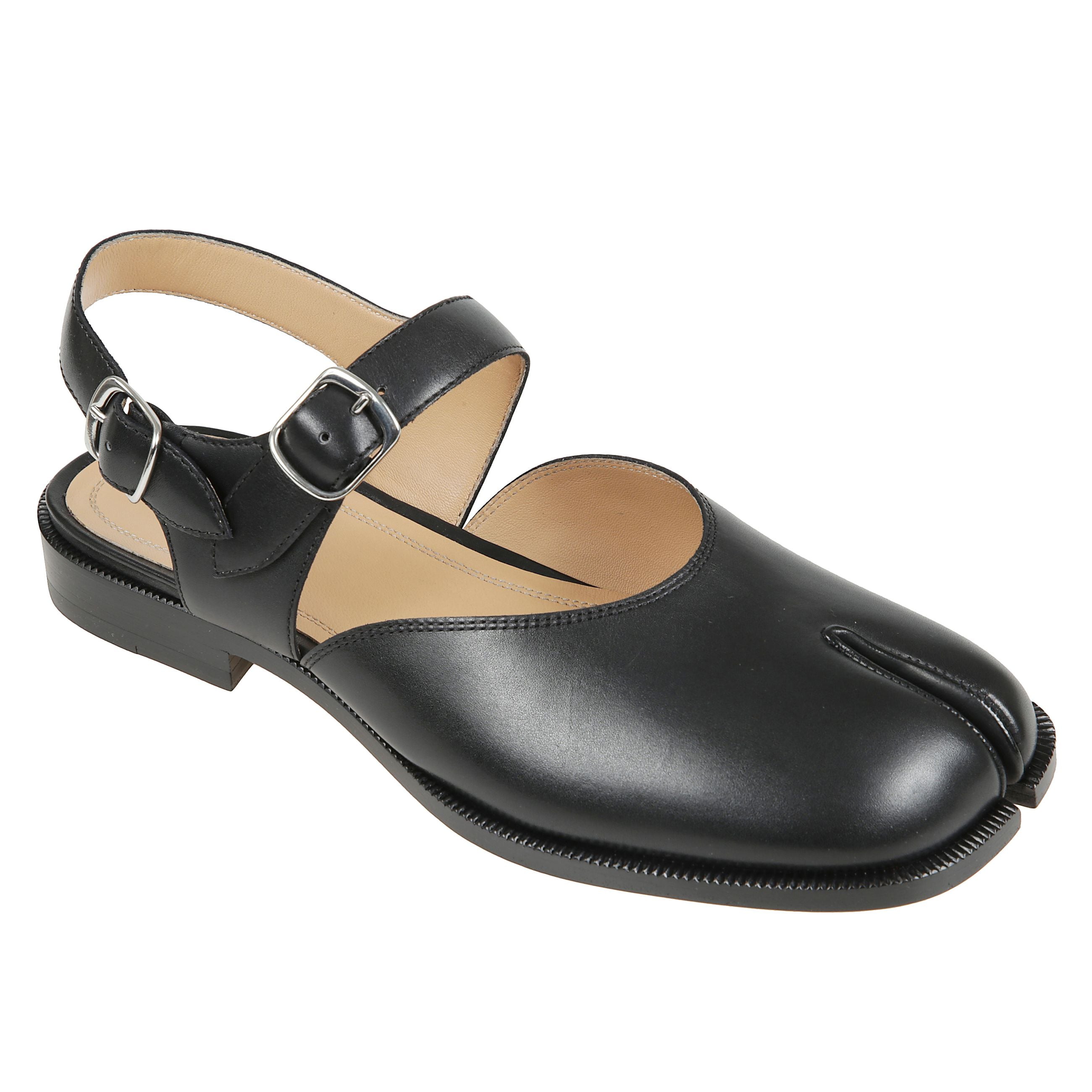 Sandali tabi in pelle, cinturino alla caviglia con fibbia e suola in cuoio