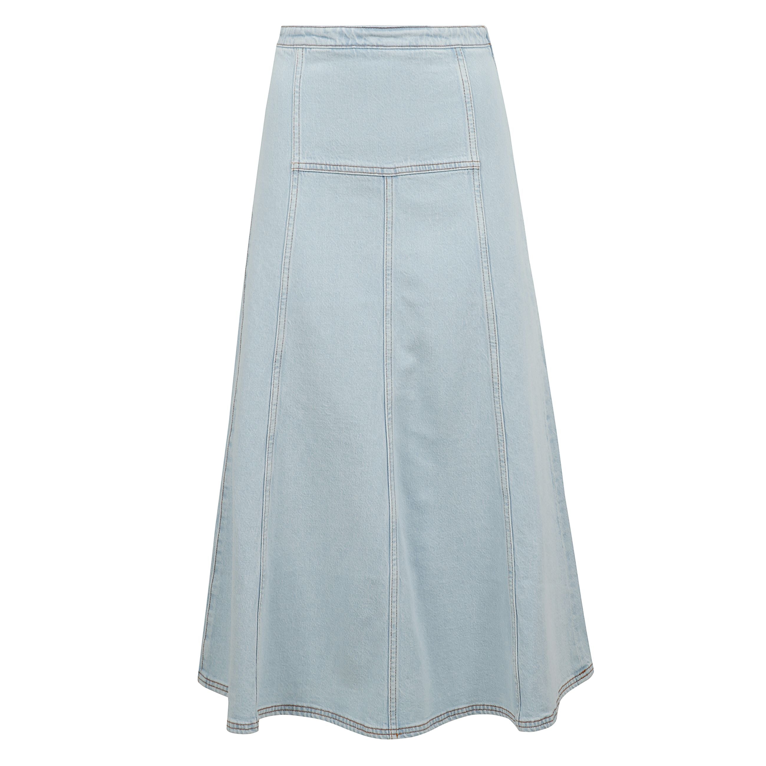 Saar denim skirt caratterizzato da un design midi-lungo a vita alta con dettagli moderni, le cuciture a contrasto e il tessuto elasticizzato offre comfort e facilità di movimento. una chiusura laterale con zip garantisce una vestibilità sicura e senza c