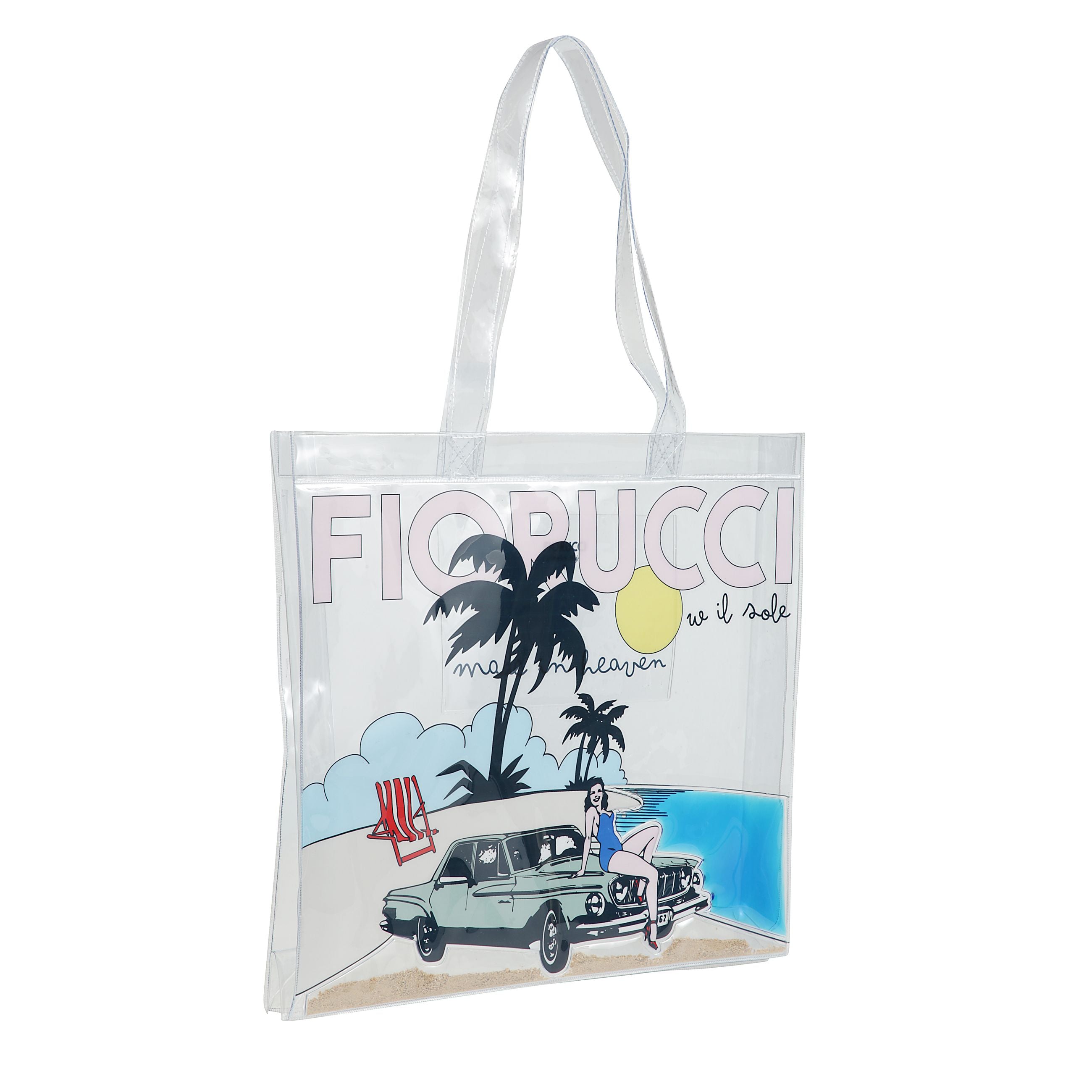 Borsa tote da spiaggia con logo fiorucci, con grafica frontale. realizzata in pvc riciclato, ha doppi manici, apertura superiore e tasca interna.